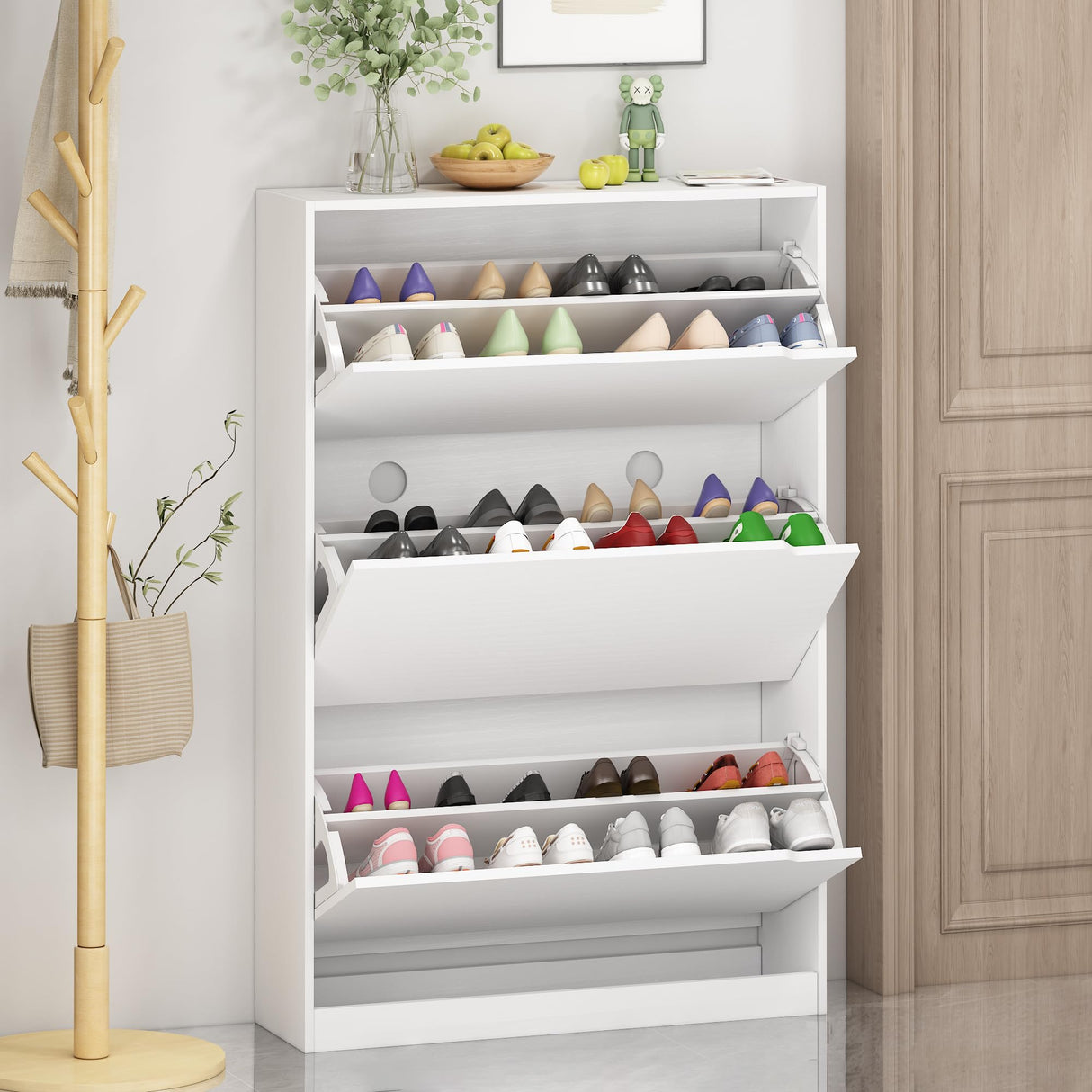 Shoe Storage Cabinet for Entryway with 3 Flip Drawers, Sturdy Wood Hidden Shoe Storage, Freestanding Narrow Slim Shoe Organizer for Front Door Entrance, Living Room, Hallway, Bedroom, White Xixini