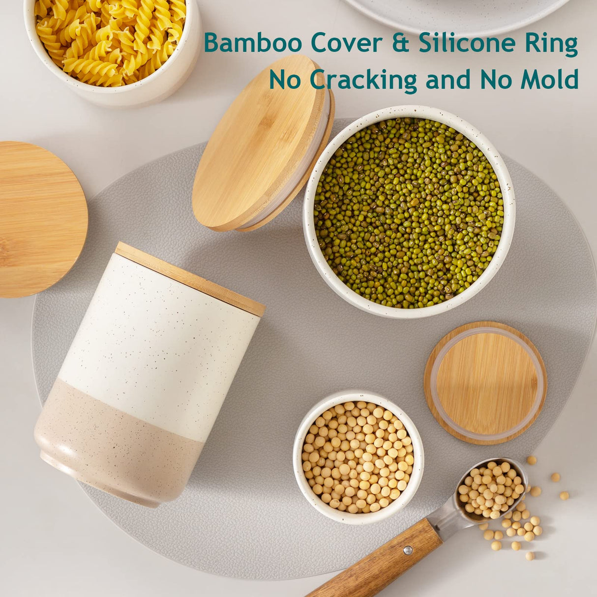 vancasso Sabine Canister Sets for Kitchen, Ceramic Kitchen Canisters for Countertop with Airtight Wood Lids, Large Flour and Sugar Containers for Coffee, Tea, Spice (Set of 3) vancasso