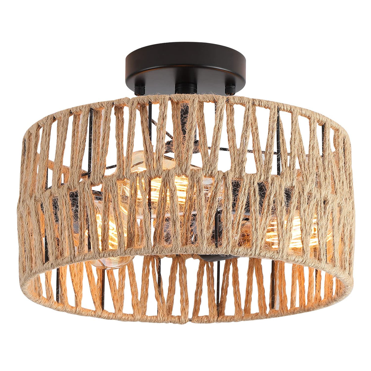 Hchunqjor 3-Light Coastal Woven Flush Mount Light Fixture Boho Rustic Hemp Rope Drum Semi Flush Mount Ceiling Light for Hallway Bedroom Kitchen Entryway Farmhouse Living Room, Black Hchunqjor
