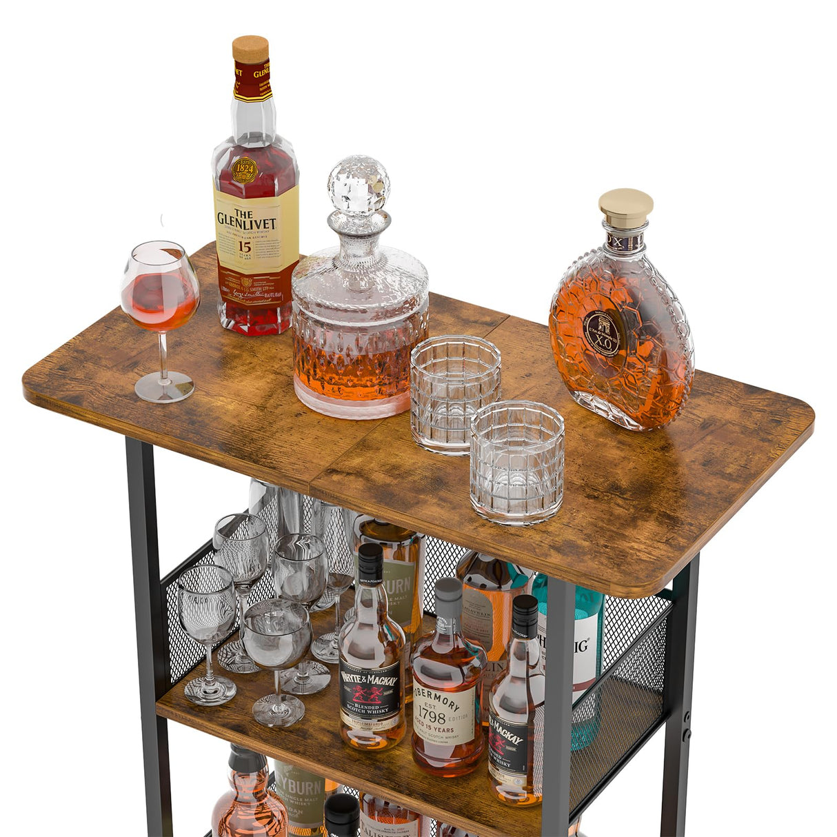 Eyteenokk Wine Rack Freestanding Floor:4 Tier Whiskey Wine Rack Mini Bar Cart,Liquor Cabinet-Home Bar for Bottles,Cocktail Shaker,Mugs-(23.6 * 11.8 * 40inch) Eyteenokk