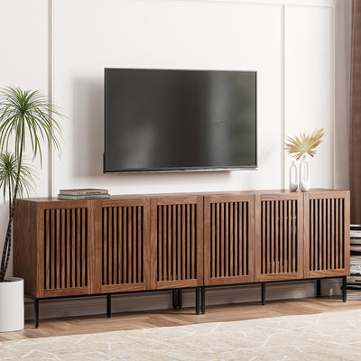 BVIUNTWO Farmhouse TV Stand for TVs up to 100 inch, 2 in 1 Entertainment Center TV Console with Storage Cabinets and Metal Base,Brown Media Console for Living Room