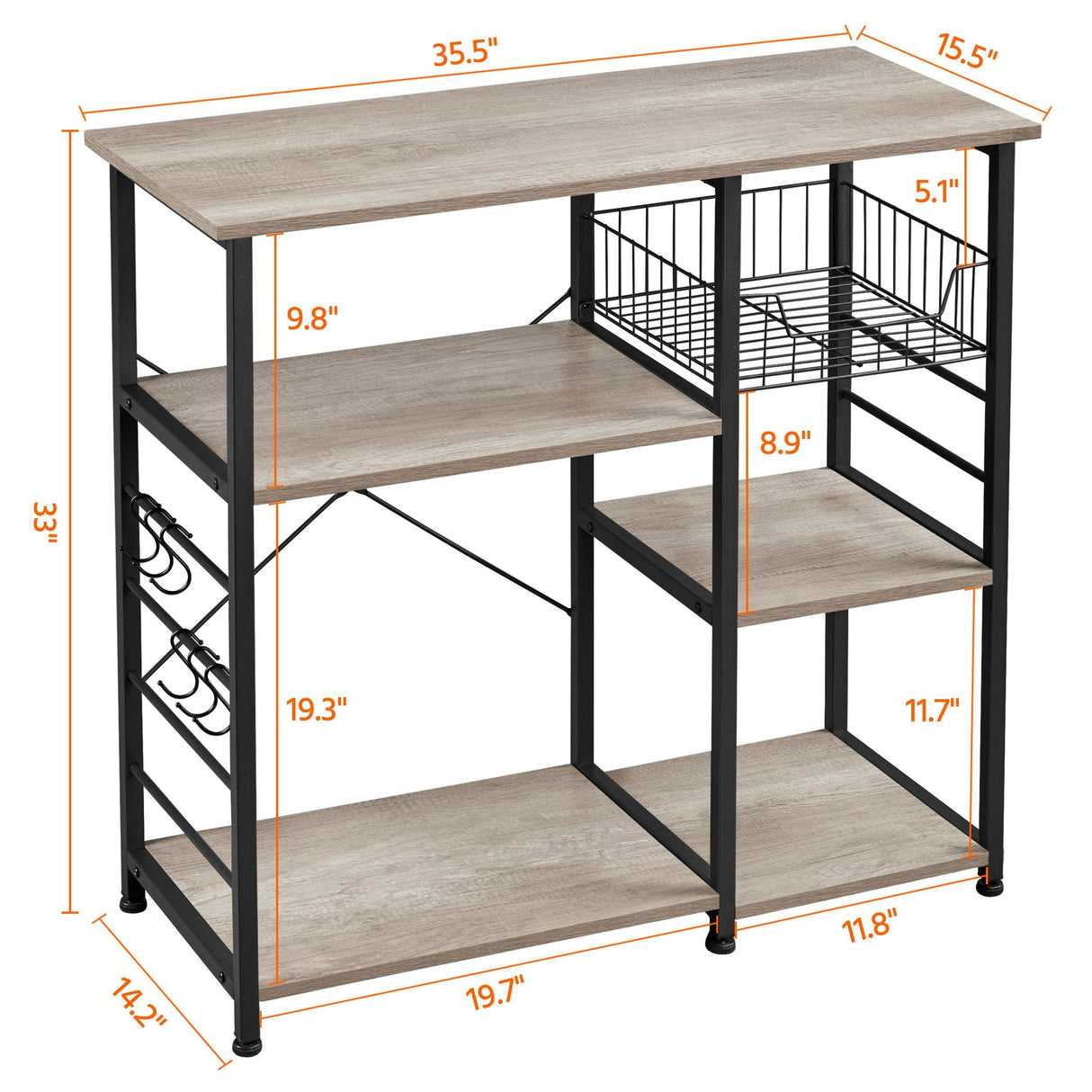 Yaheetech Kitchen Bakers Rack with Wire Basket, Coffee Bar Table Station Microwave Oven Stand Kitchen Utility Storage Shelf with 6 S-Shaped Side Hooks, Metal Frame, 15''D x 35.5''W x 33''H, Gray Yaheetech