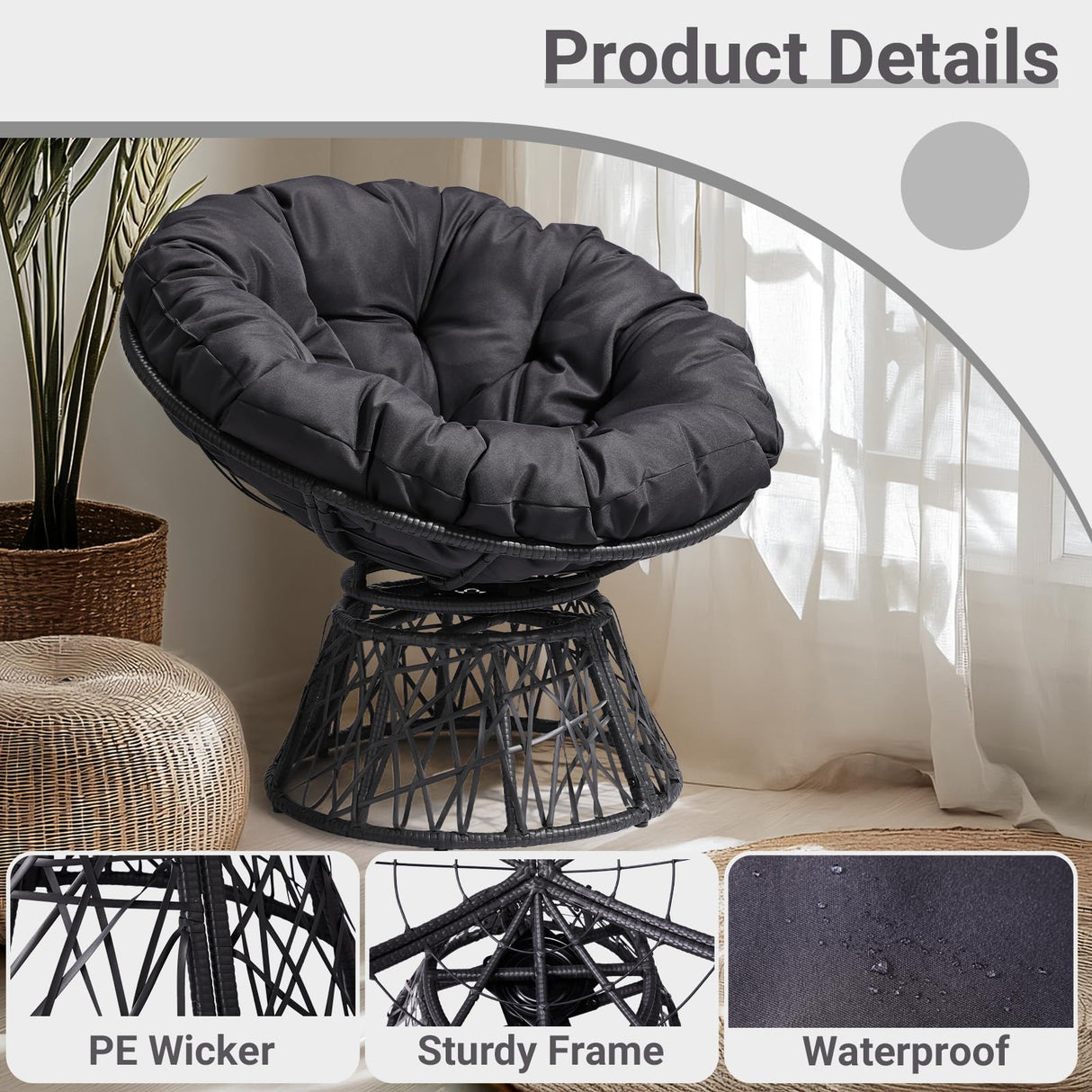 Outvita 40" Swivel Wicker Papasan Chair with Thick Tufted Cushions, High Capacity Frame, 360 Degree Rotatable Chairs for Indoor Outdoor Use, Black Outvita