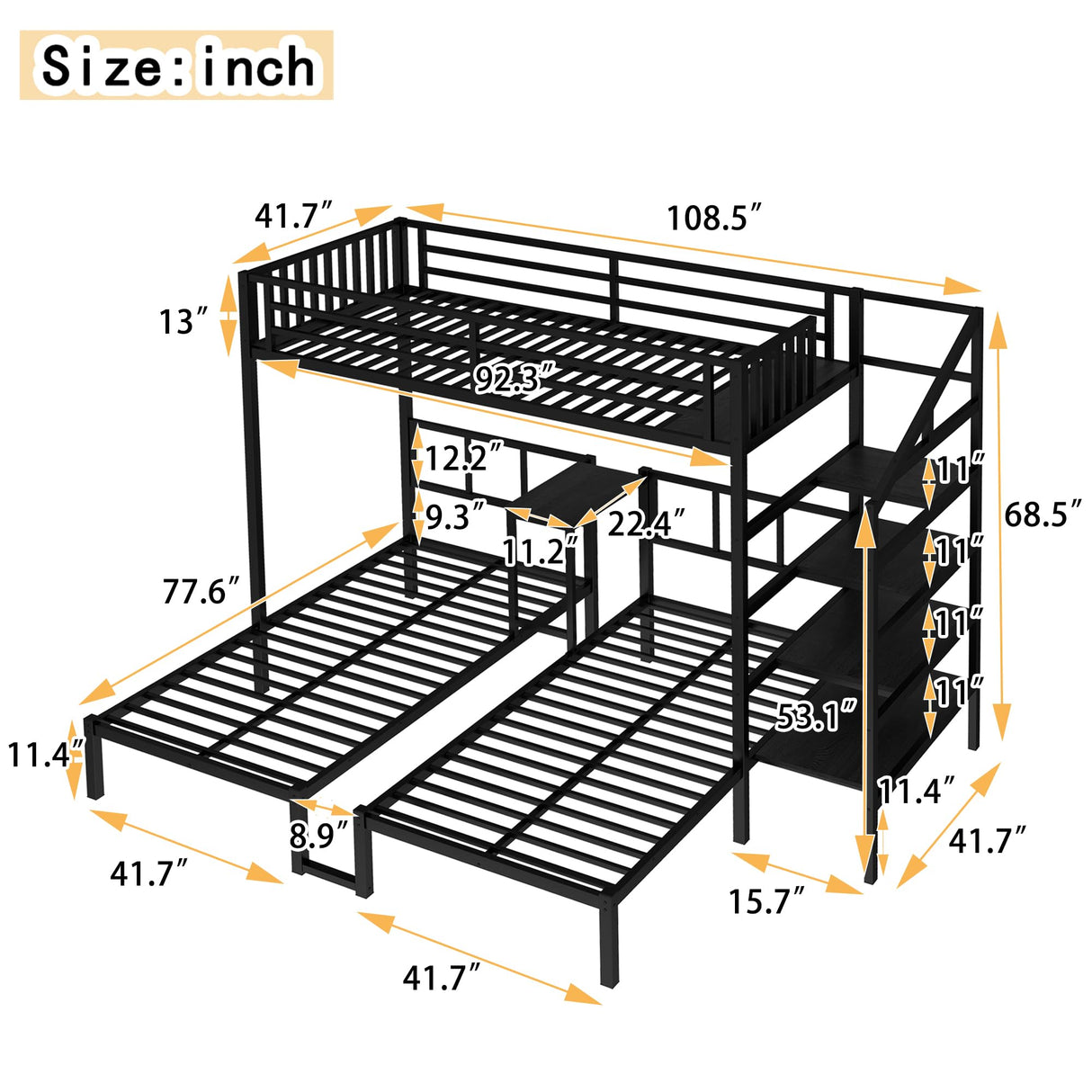 Bellemave Triple Bunk Bed for Kids, Adults, Teens, Twin Over Twin & Twin Metal Bunk Beds for 3 Kids, Triple bunk beds(Heavy Metal, Black with staircases) Bellemave