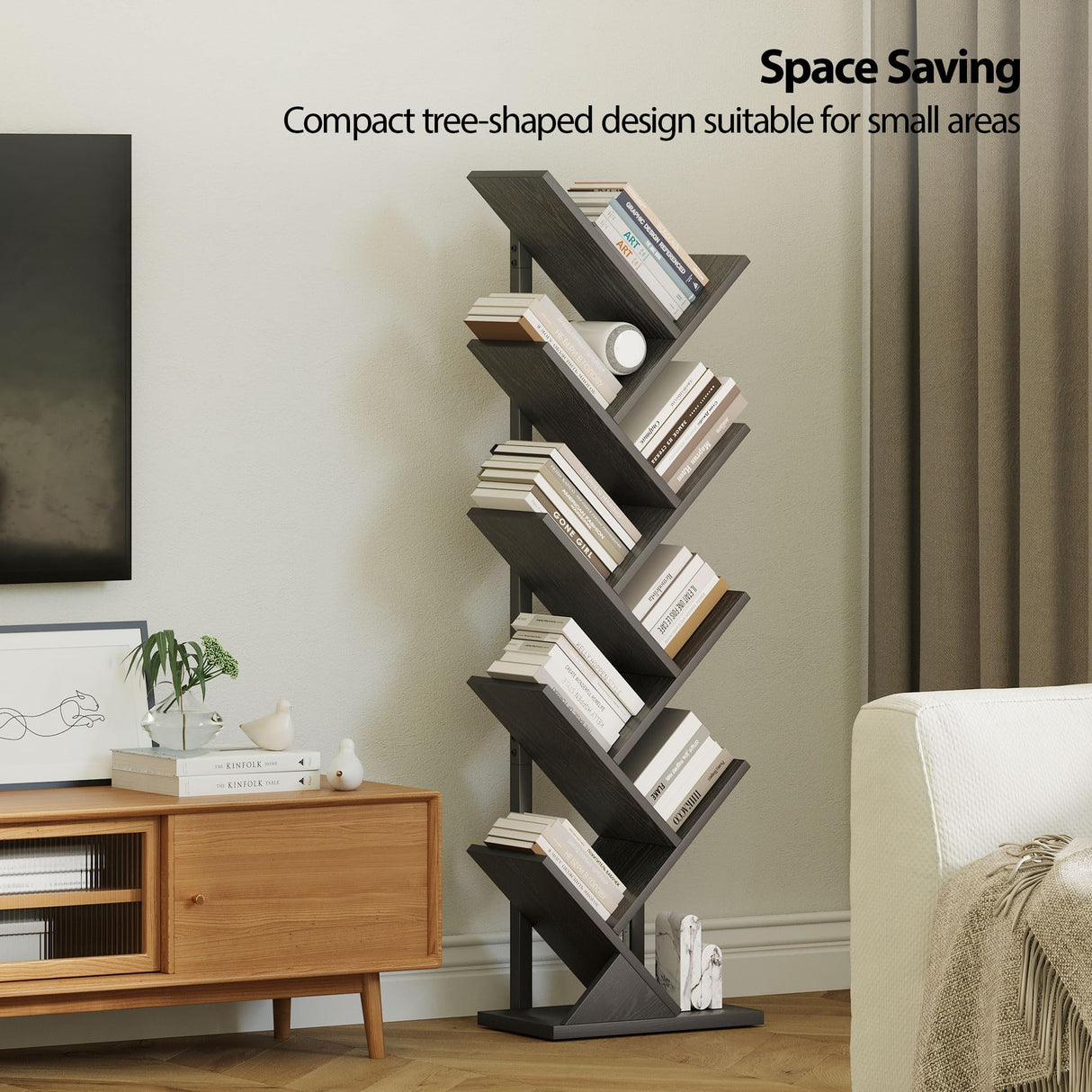 JARHETUN 9 Tier Tree Bookshelf with LED Light, Floor Standing Bookcase, Narrow Bookshelves for Books/CDs/Magazine, Wood Storage Rack for Bedroom, Home Office, Living Room, Black JARHETUN