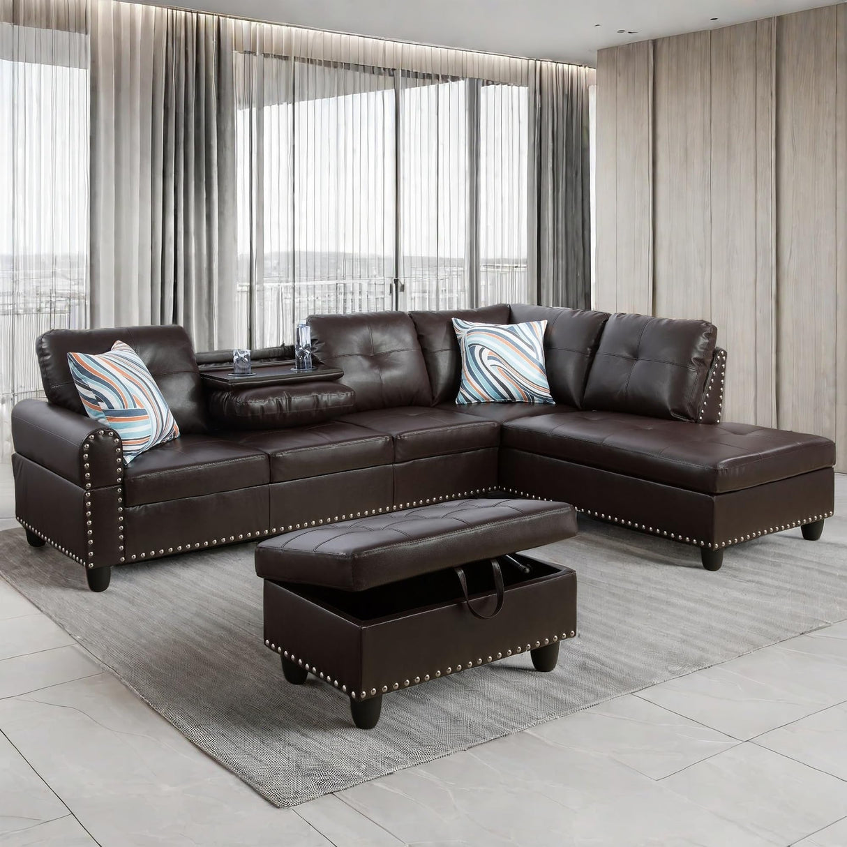 GlasFlength L Shaped Sectional Couch with Ottoman, Modern Leather Modular Sectional Sofa with Cup Holder, Nail-Head Design L Shaped Couch for Living Room, Bedroom, Brown GlasFlength