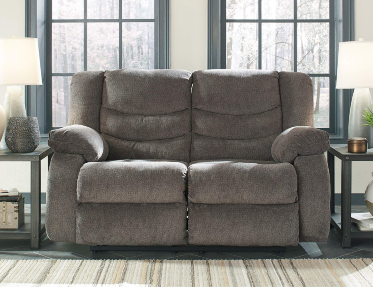 Signature Design by Ashley Tulen Modern Manual Pull Tab Reclining Loveseat, Dark Gray Signature Design by Ashley