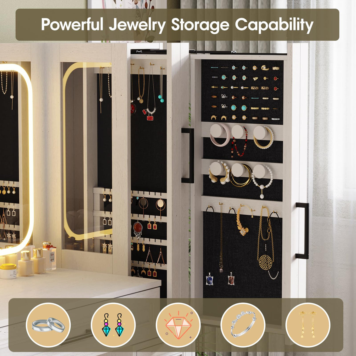 Maupvit Makeup Vanity with Lighted Mirror & Power Strip, Large Vanity Desk with Sliding Jewelry Storage Shelves, 4 Drawers, 3 Cabinets & Hairdryer Rack, 3 Lighting Modes, Bedroom Dressing Table, White Maupvit