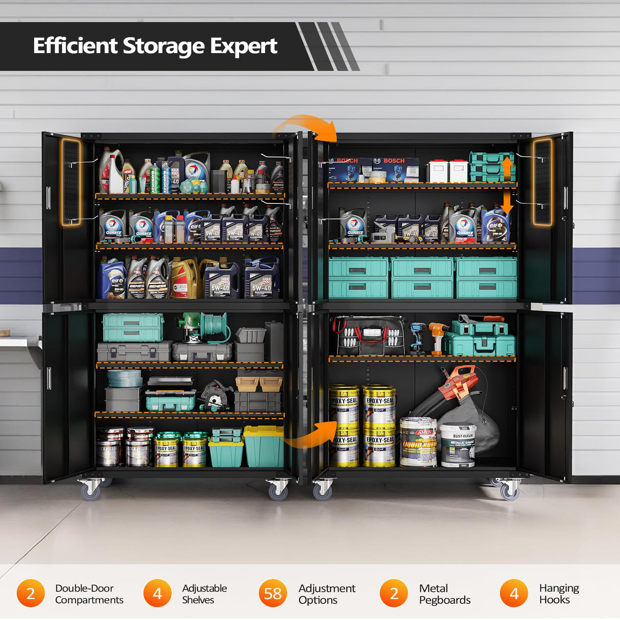 VINGLI Large Garage Storage Cabinet with 4 Doors, Upgraded Height & Wide & Deep, 43''W x 23''D x 75''H, Oversized Metal Storage Cabinet with Pegboards Wheels Locks and Adjustable Shelves (Black) VINGLI