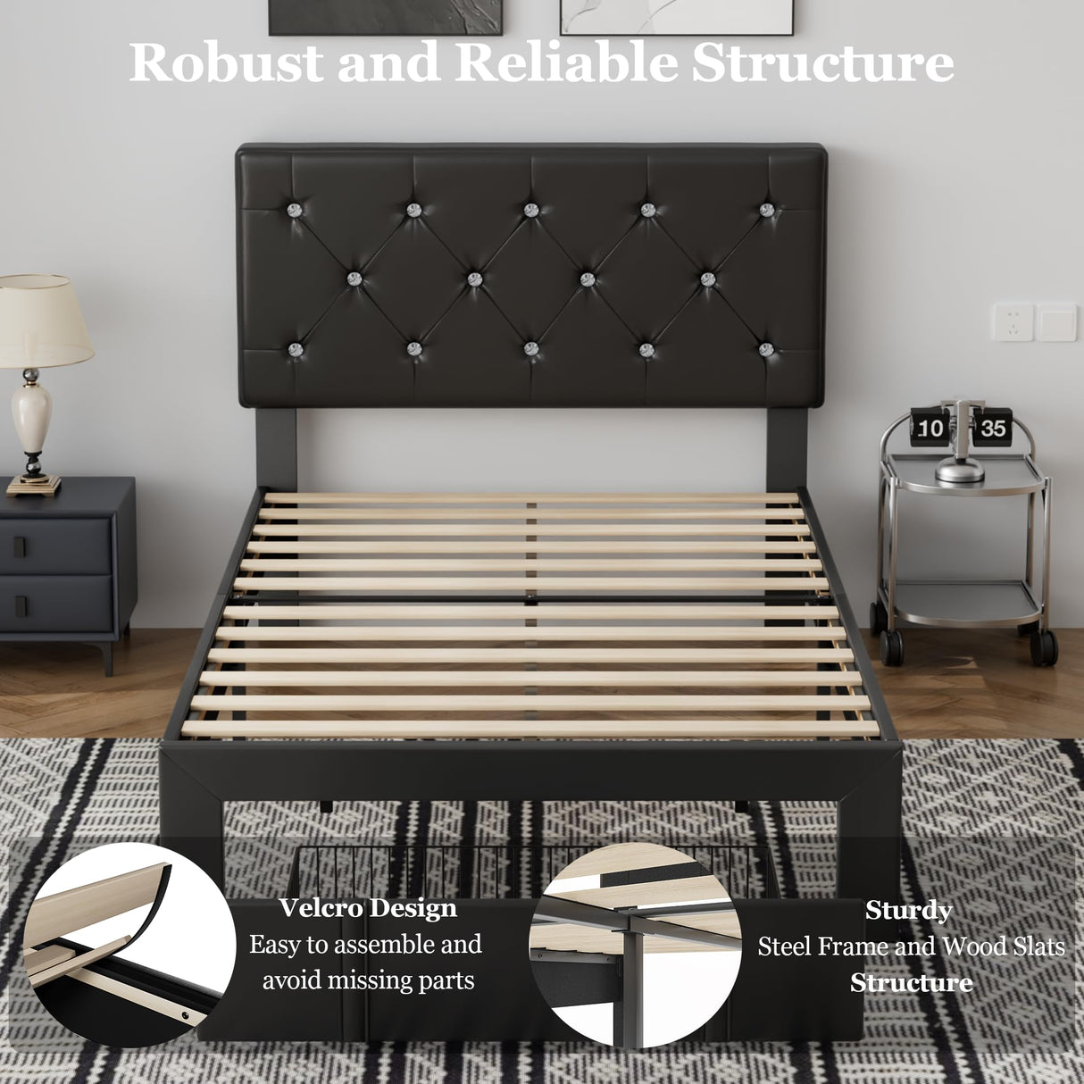 VECELO Twin Size Bed Frame with Storage Drawers, Leather Upholstered Bedframe with Diamond Tufted Headboard, Solid Wood Slat Support, No Box Spring Needed, PU Black VECELO