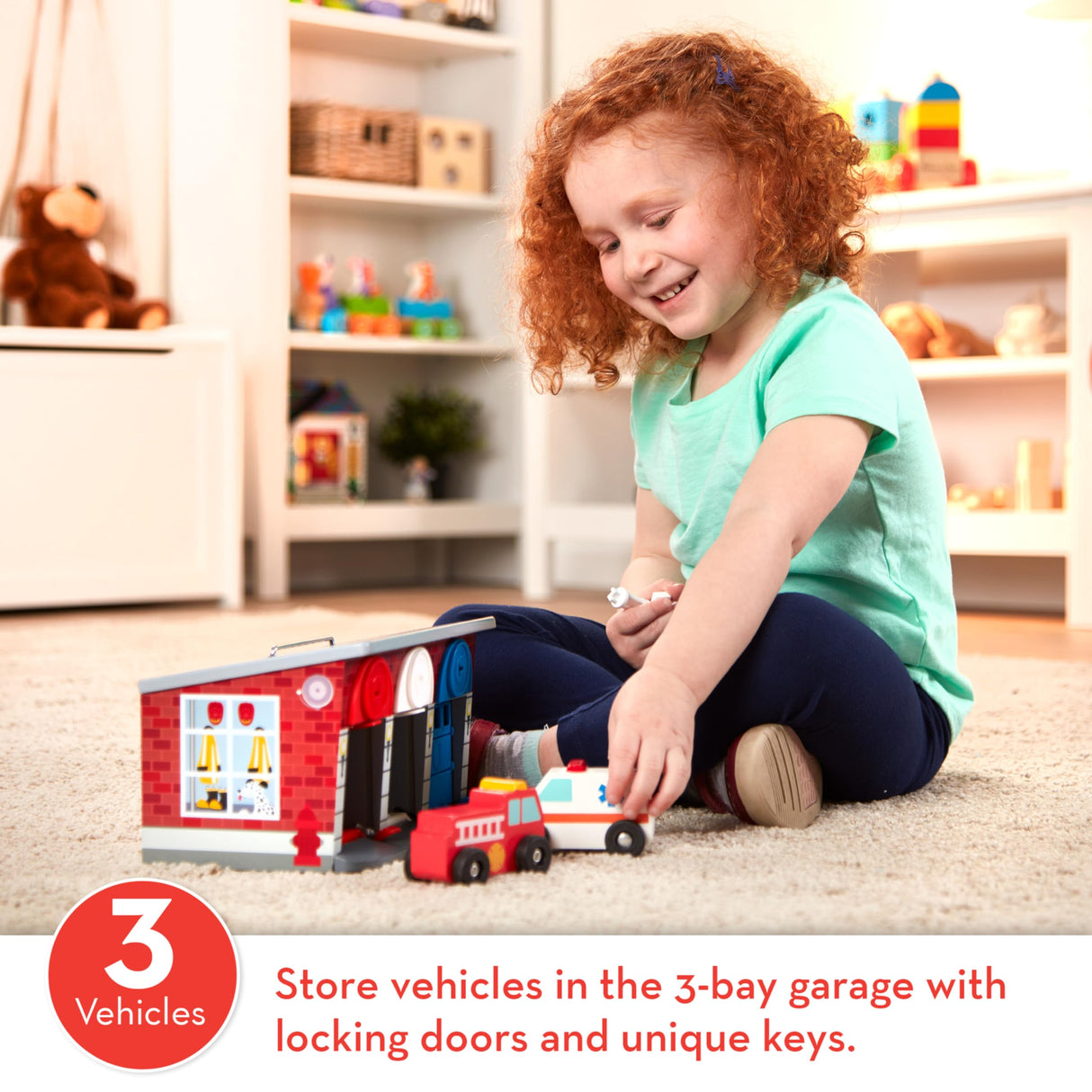 Melissa & Doug Toy Keys and Cars Wooden Rescue Vehicles and Garage (7 pcs) Red, for 36 months to 72 months Melissa & Doug