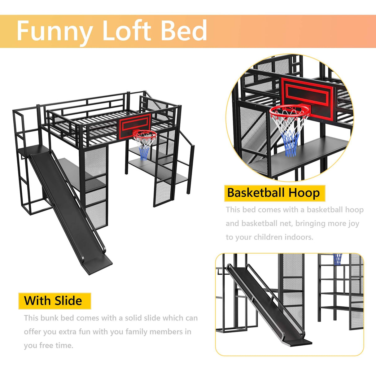 Polibi Full Size Metal Loft Bed with Built-in Desk,Open Wardrobe,Basketball Hoop,Slide and Staircase,Space-Saving Design for Small Rooms(Black) Polibi