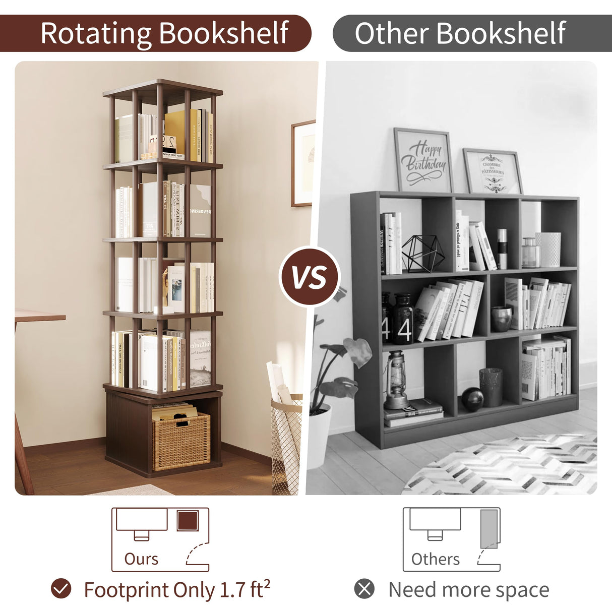 IOTXY 5-Tier Rotating Bookshelf Tower - Beech Wood Frame Spinning Bookcase with Storage Base, Tall Freestanding Revolving Shelf Organizer, Walnut IOTXY