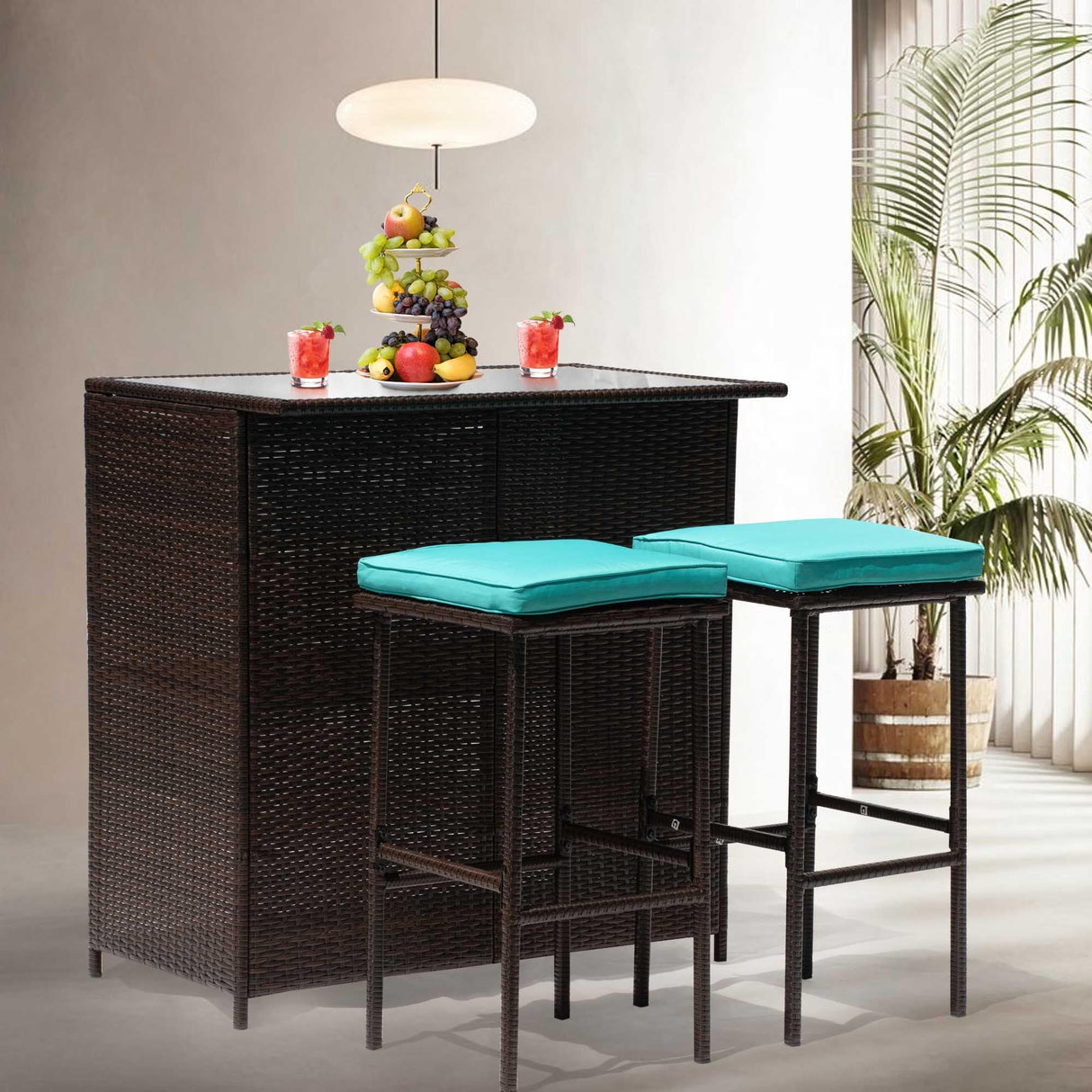 Set Of 3 Outdoor Bar Set Patio Wicker Counter Height Table Set Sturdy Frame Rattan Bar Table with Glass Table Top Storage Shelves 2 Bar Stools for Patio Poolside Porch Outdoor Indoor, Blue PayLessHere