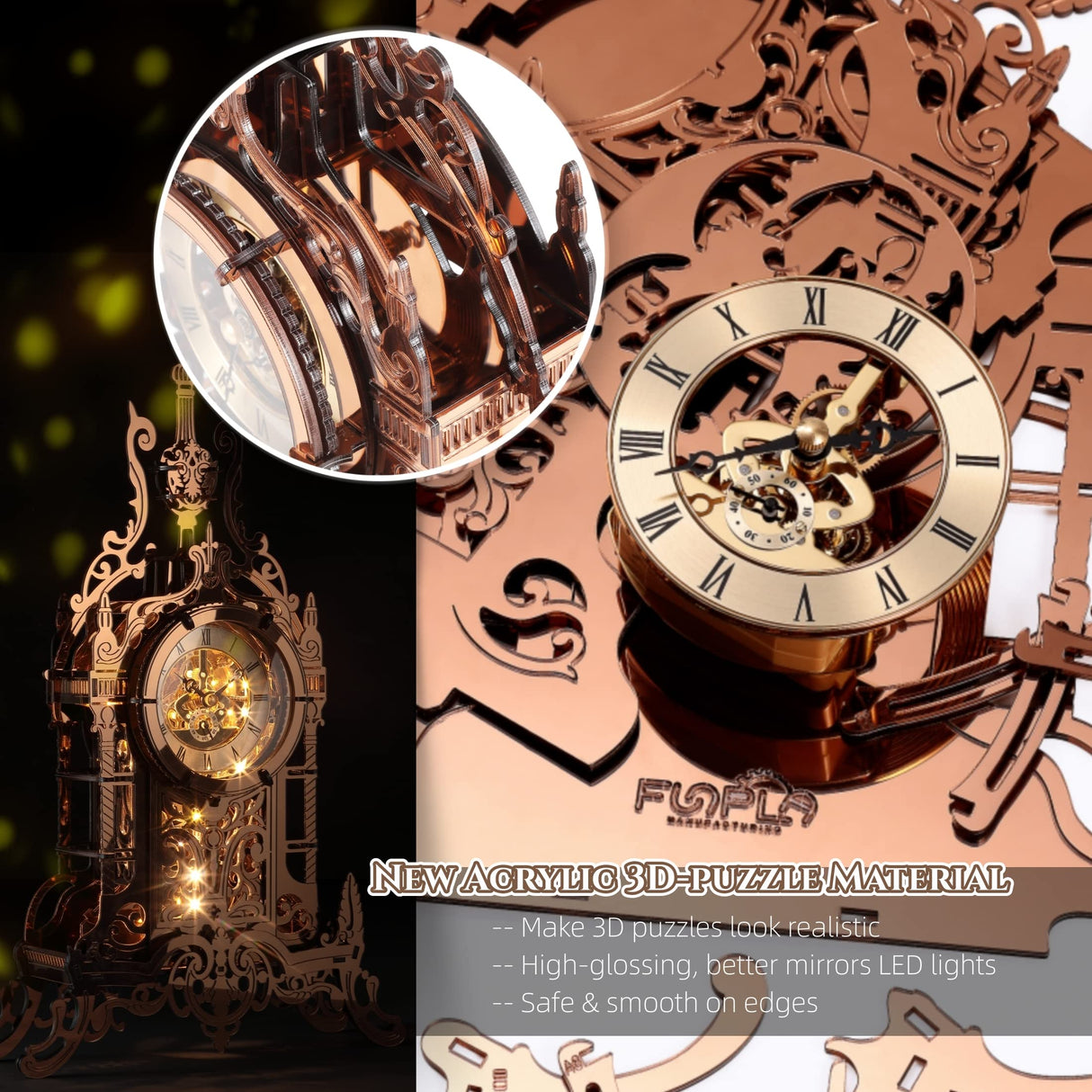 FUNPOLA LED 3D Puzzle Clock Building Model, 3D Acrylic Puzzle Tower Clock Building Model Desktop LED Ornament Clock Home Decor Elegant Gifts for Teens/Adults (LED-TC03 Arcylic) FUNPOLA