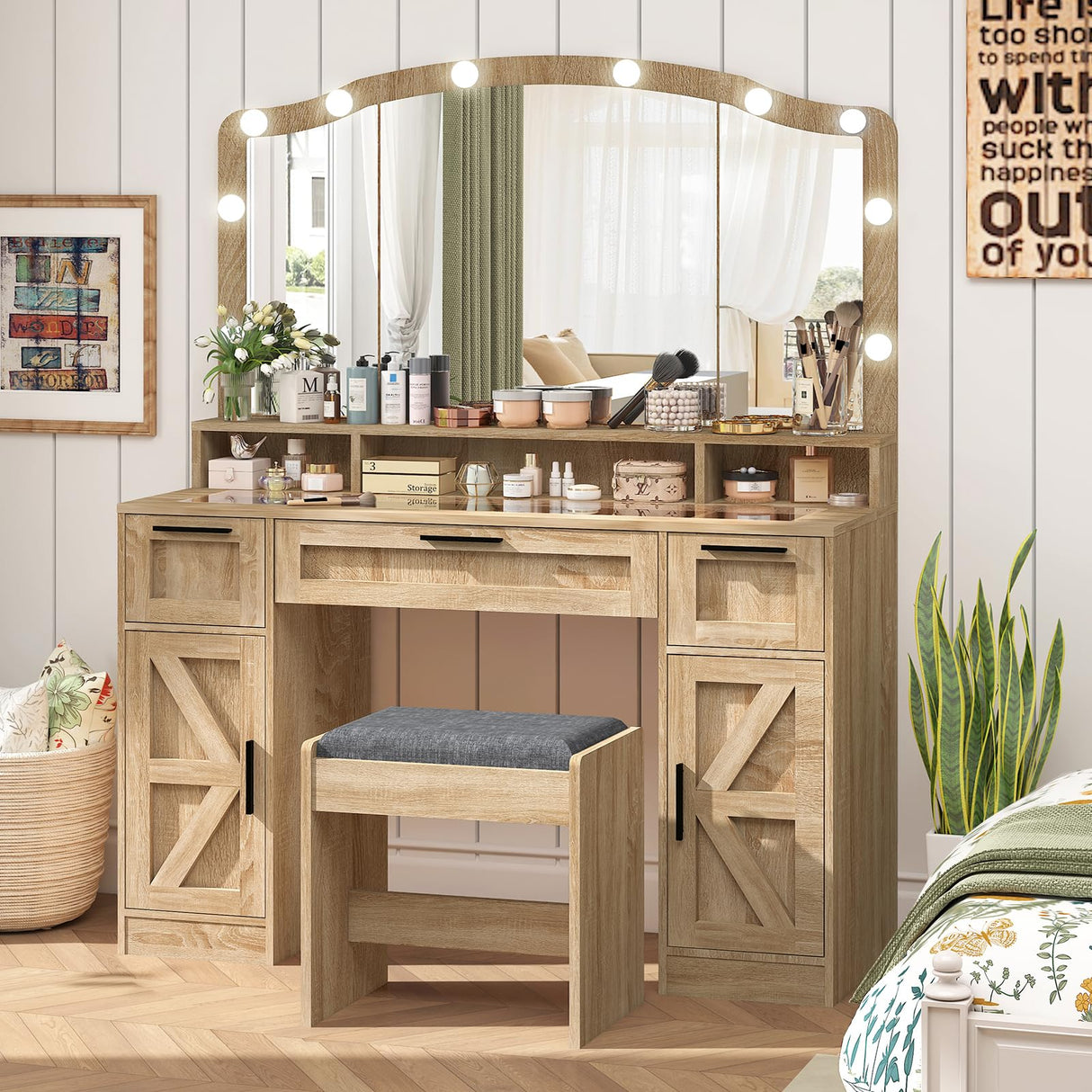 usikey Farmhouse Vanity Desk with Large Lighted Mirror and 10 Lights, 43.3" Glass Tabletop Makeup Vanity with 3 Drawers, Large Vanity Tabel Set with Long Storage Shelf, 2 Cabinets and Stool, Maple usikey