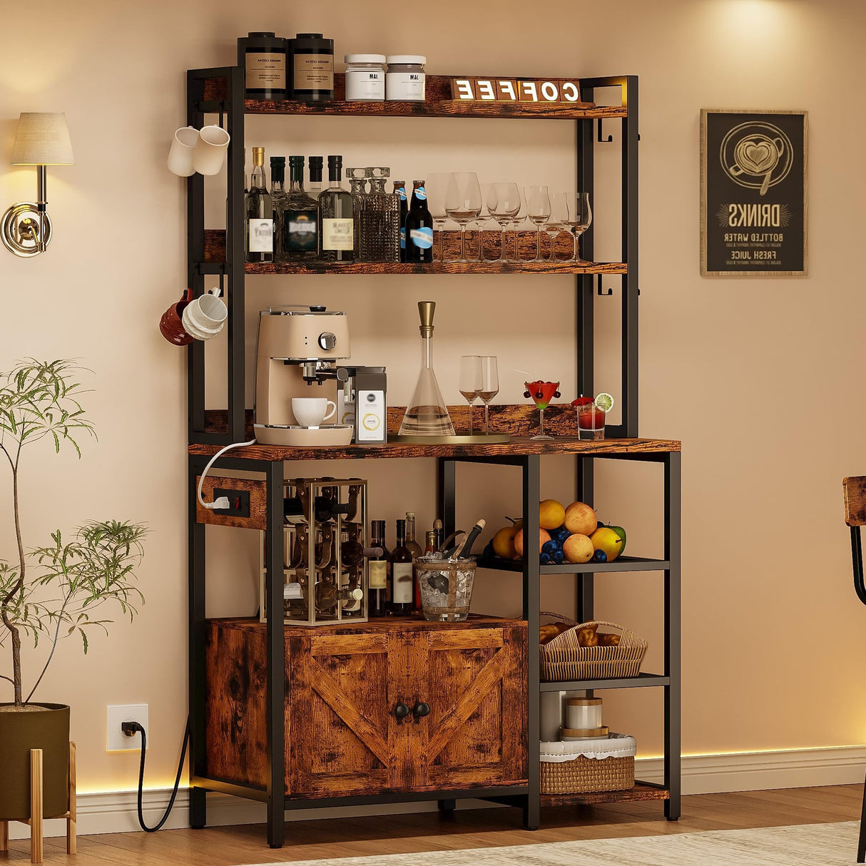 IRONCK Bakers Rack with Cabinet & Power Outlets, Microwave Stand with Storage Shelves, Tall Kitchen Bakers Rack with Hutch, Coffee Bar, 8 Hooks, Rustic Brown IRONCK