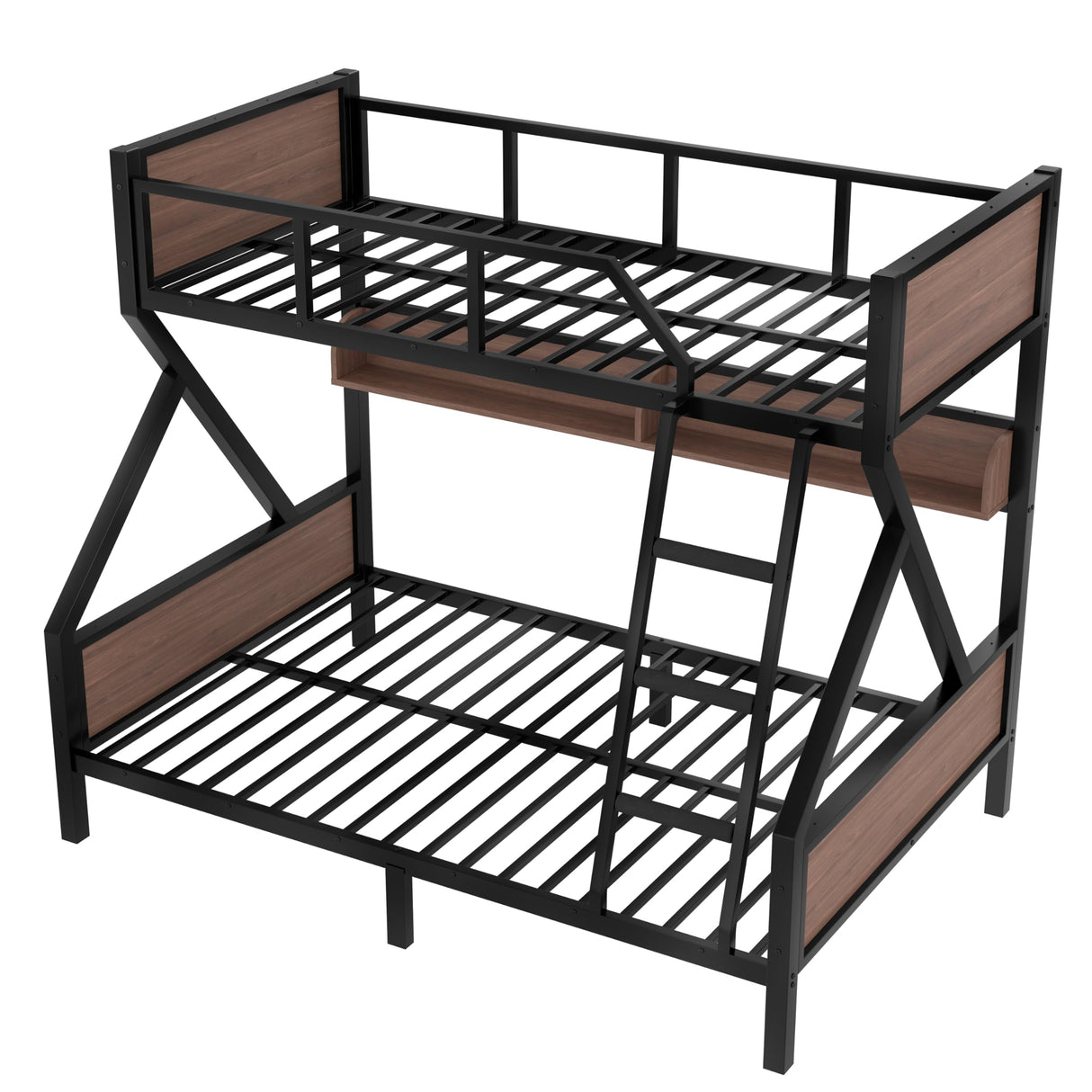 Twin Over Full Size Bunk Bed with Storage Shelves and LED Lights,Heavy Duty Adult Bunk Beds with Angled Ladder,Metal Bunk Bed Twin Over Full,Black Bellemave