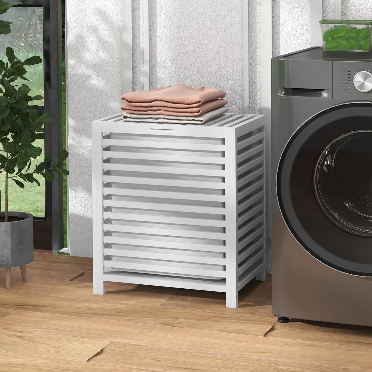 HOMCOM Bamboo Laundry Hamper with Lid, Laundry Basket with Removable Liner Bag, Dirty Clothes Hamper, 19.75 x 14.25 x 23.5 Inches, White HOMCOM