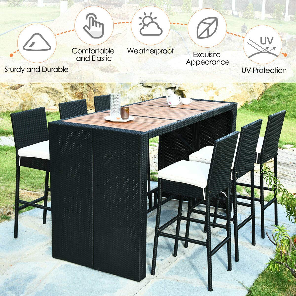 Tangkula 7-Piece Black Outdoor Wicker Dining Set with Acacia Wood Table and Removable Cushions Tangkula