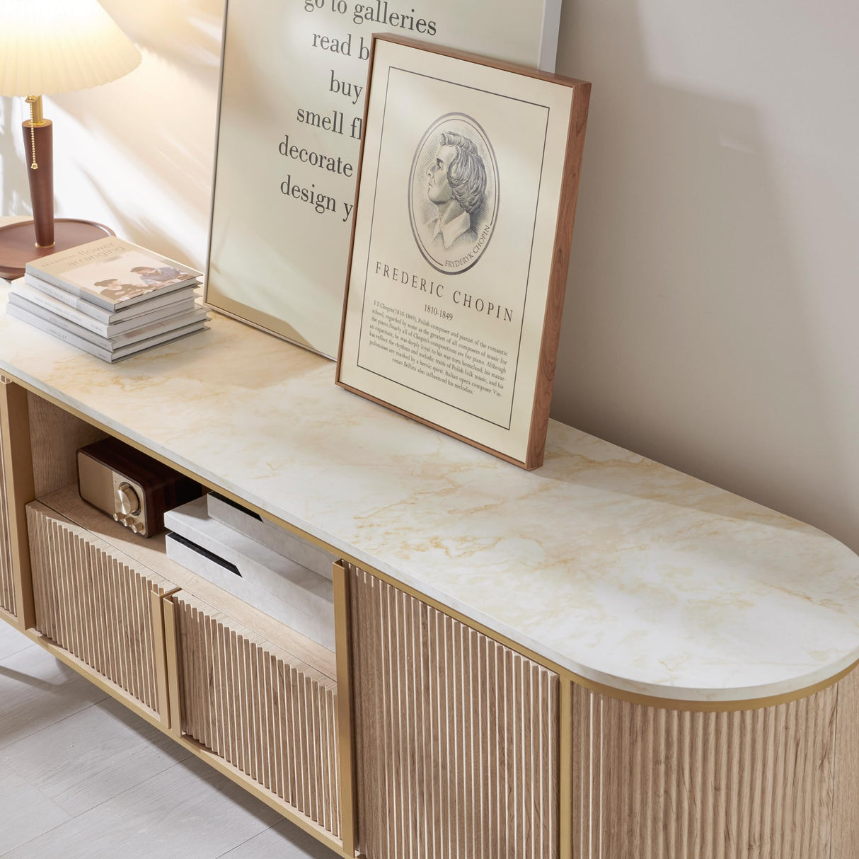 OKD Luxury 70" Fluted TV Stand, Modern Entertainment Center for TVs Up to 80 inches, TV Console with Faux Marble Top, Curved Profile Design, Media Console for Living Room, Natural Oak OKD