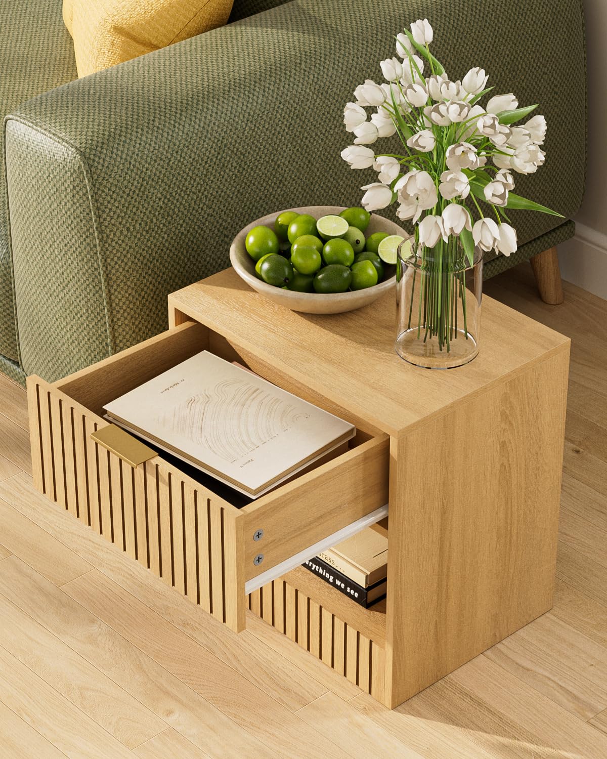 Apetaccat Small Nightstand, Modern Night Stand, Bedside Table with Drawer and Open Shelf, Cube Design, Small Side Table for Bedroom, Living Room, Oak Apetaccat