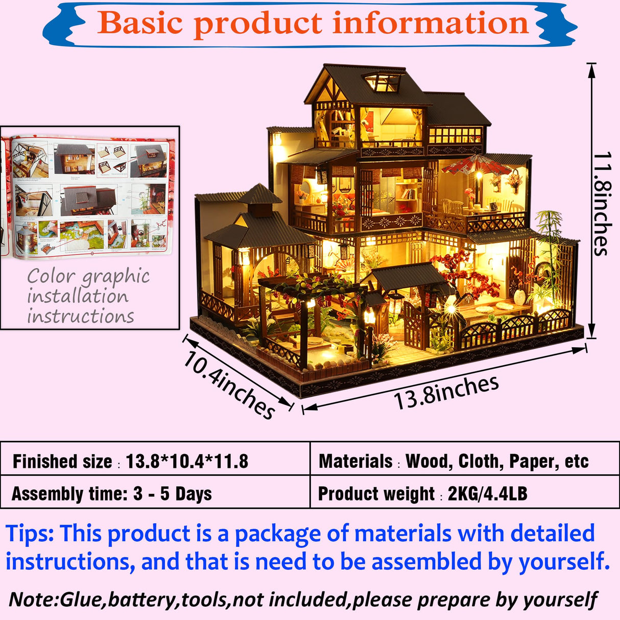Miniature Dollhouse DIY Set with Decoration Furniture and LED Lights, 1:24 Scale DIY Wooden Dollhouse Kit with English Instructions, Birthday Gift or Party Favors (Japanese Courtyard Style) KOOMEKI