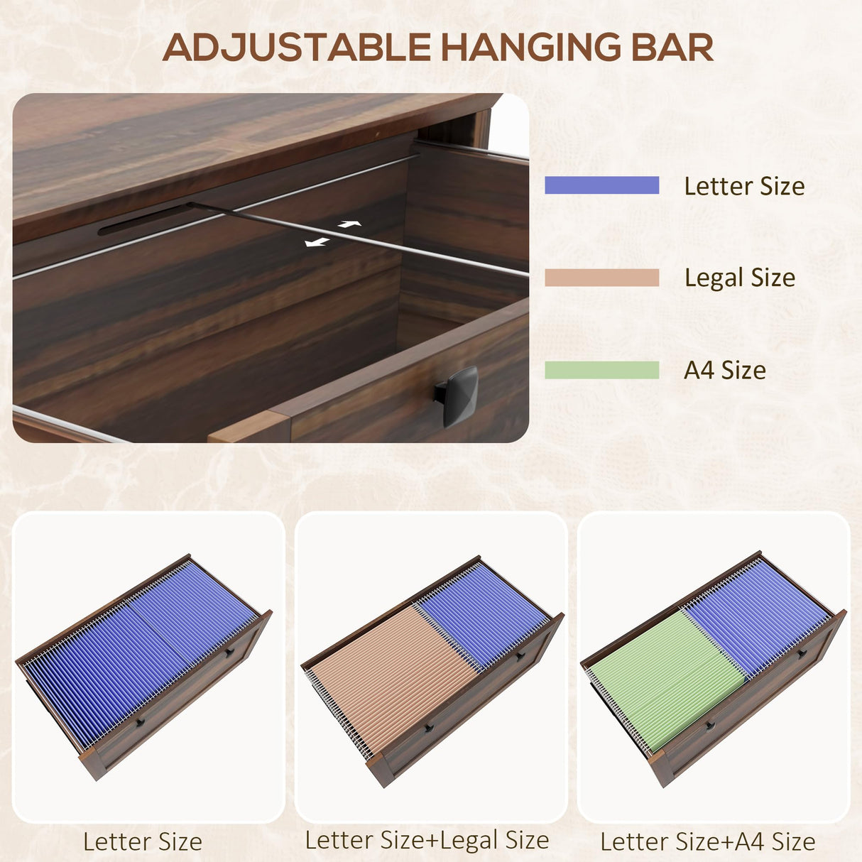 HOMCOM 2 Drawer File Cabinet with Lock, Lateral Filing Cabinet with Keys and Adjustable Hanging Bar for Letter, A4 and Legal Size, File Cabinet for Home Office, Brown HOMCOM