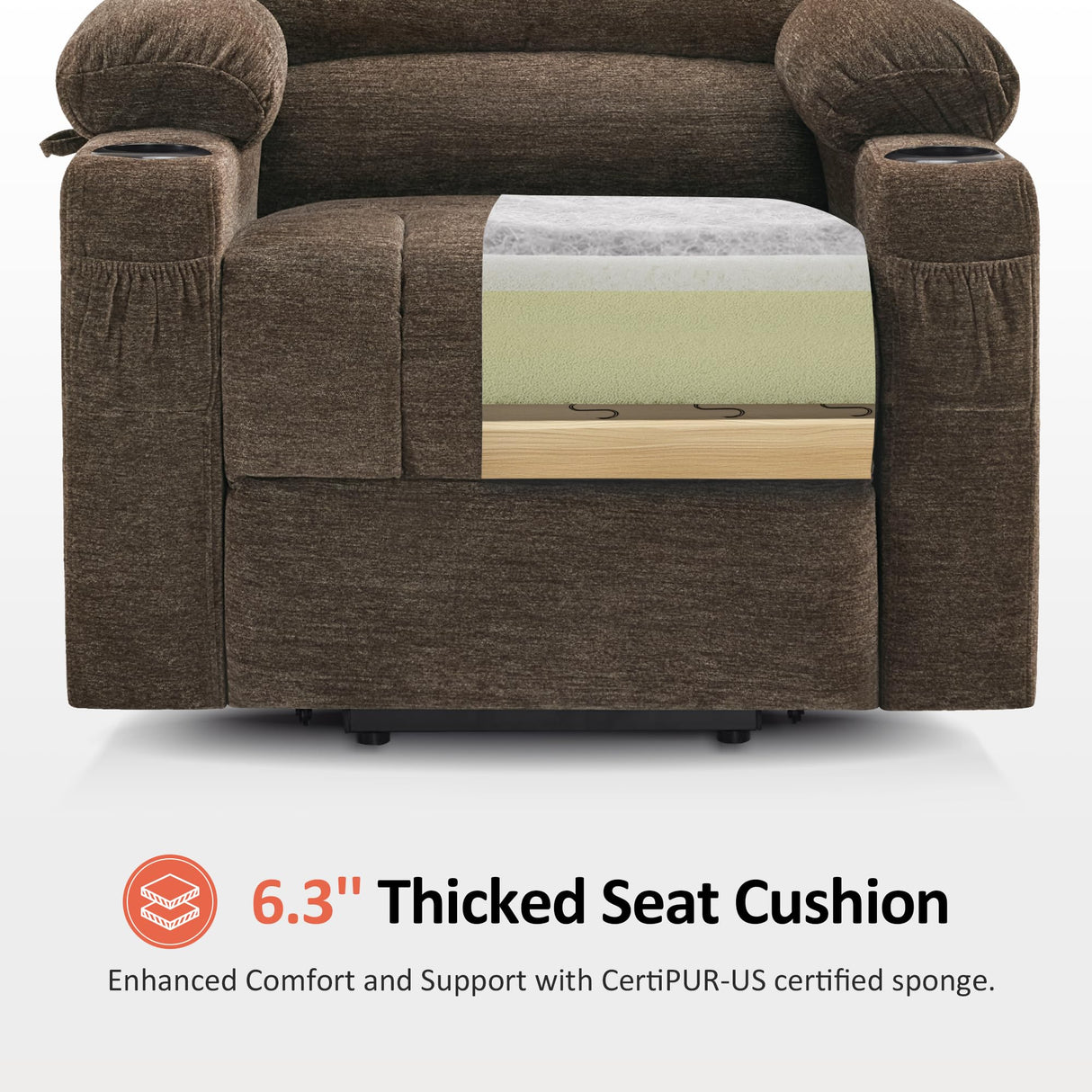 MCombo Power Lift Recliner Chair for Elderly, Lift Chair with Heat and Massage, USB &Type C Ports, Cup Holders, Fabric 7095 (Medium, Mocha) MCombo