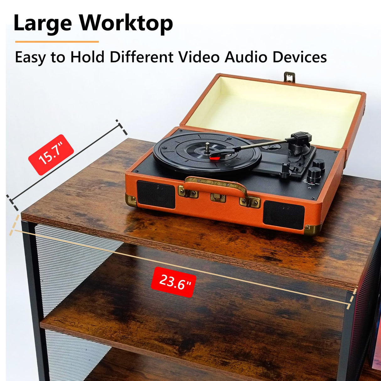 Media Console Table Stereo Stand Cabinet with Turntable Shelf, 4 Tier Record Player Stand Table with Vinyl Record Storage Holder, Audio Video Shelving Rack/Turntable Stand for Entertainment Center Cottage Charm