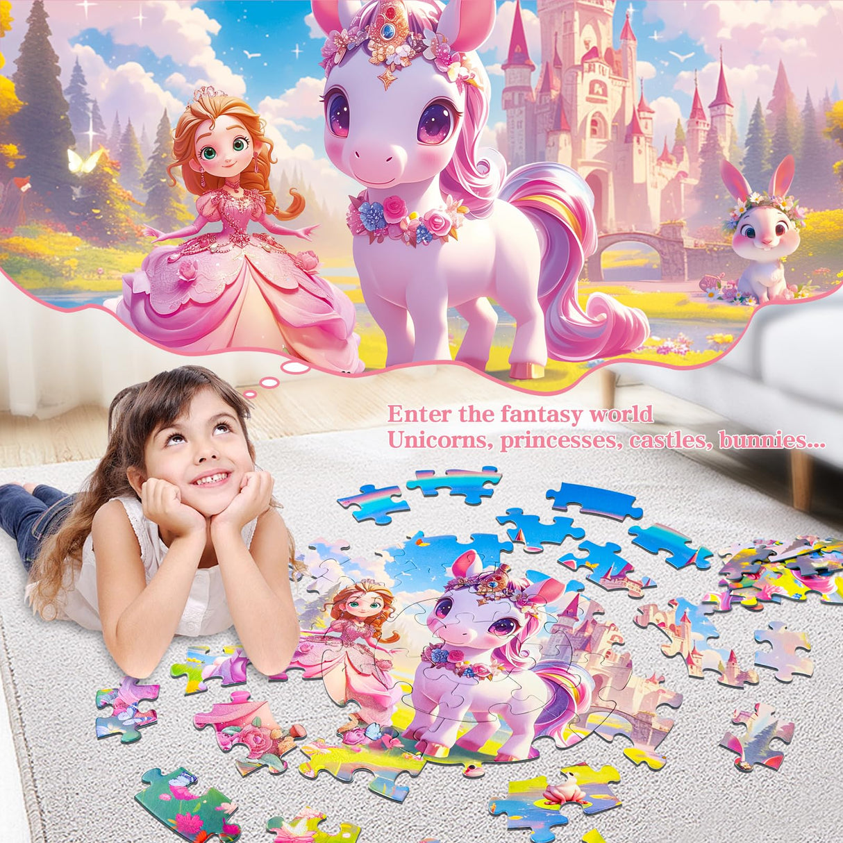 DIGOBAY Floor Puzzles for Kids Ages 4-6, 70 Pieces Large Round Unicorn Princess Floor Puzzle Unicorn Jigsaw Puzzle Toy for 3 4 5 6 Toddler Girls - Educational Christmas, Birthday Gift DIGOBAY