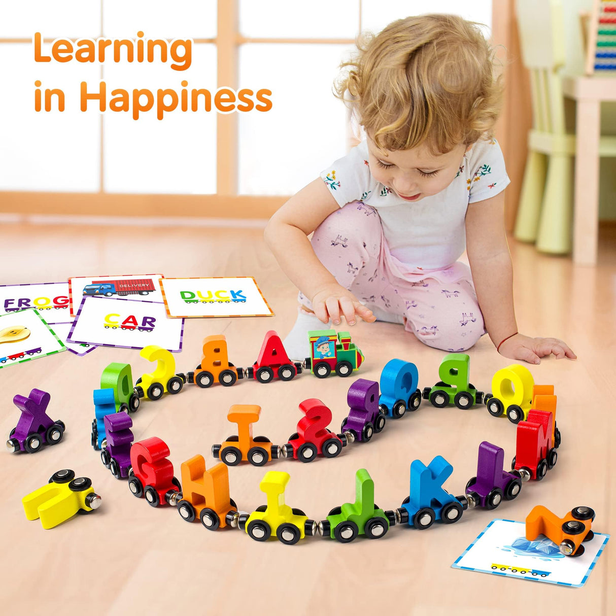 Vanmor 27 PCS Magnetic Wooden Alphabet Train Sets | ABC Letter Learning Toy Trains with 42 PCS Flash Cards, 1 Engine, 1 Storage Bag | Toddlers Kids Boys Girls Educational Toys for 3 4 5 6 7 Years Old Vanmor