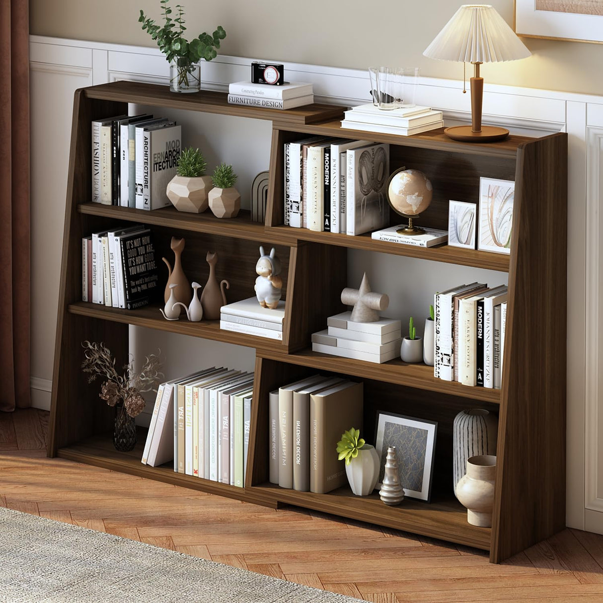IOTXY Wooden Extendable Shelf Bookcase - 3-Tier Ladder Low Short Bookshelf for Small Space or Corner, Dark Walnut, L IOTXY