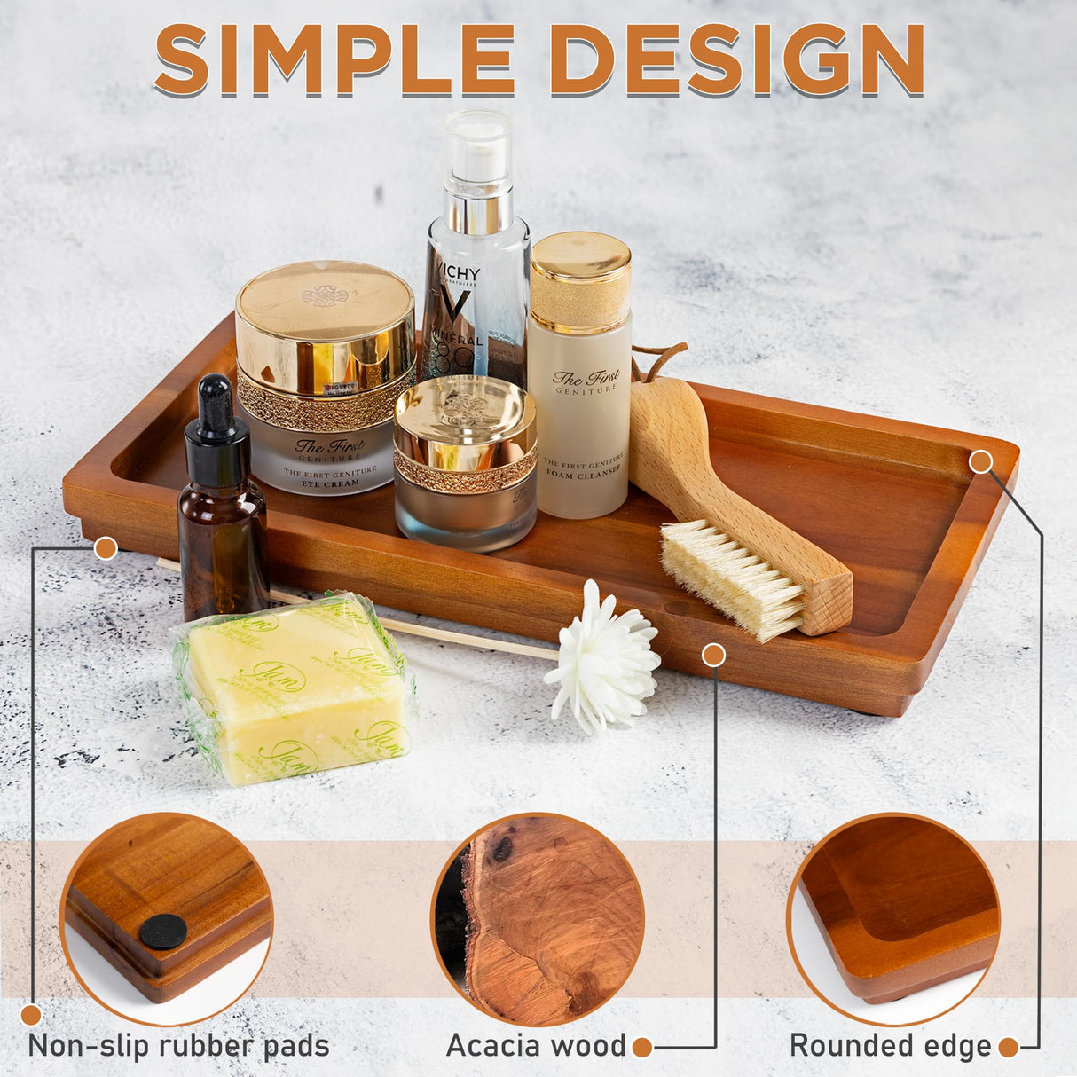 Bathroom Vanity Tray 11.8 x 5.9 inches of Natural Acacia Wood - Elegant Organizer for Cosmetics, Jewelry, Perfume, Candle, Key - Premium Wood Tray for Bathroom, Kitchen, Countertop, Toilet Tank, Sink Demigo
