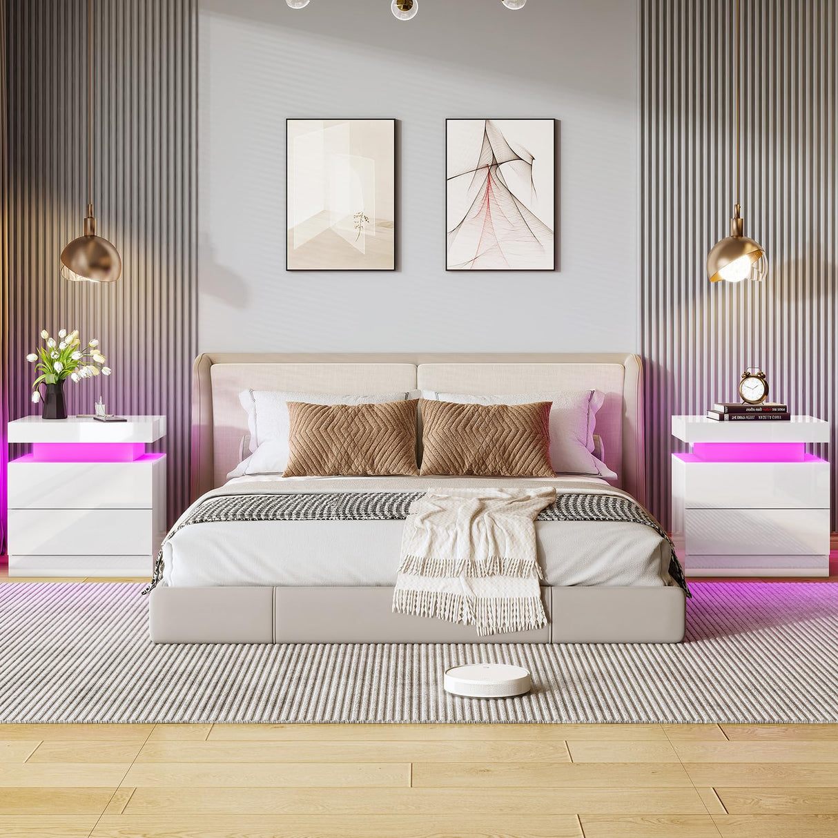 AMERLIFE High Gloss LED Nightstand Set of 2 with Charging Station, Modern Bedside Table Night Stand with LED Lights, Sofa End Side Tables with Drawers for Bedroom Living Room, White AMERLIFE