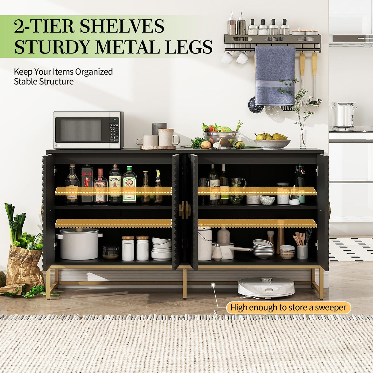 YHAOWORKS Sideboard Buffet Cabinet with Storage - Accent Storage Cabinet with Doors, Wood 4 Doors Cabinet with Metal Legs, 60" Buffets & Sideboards, Modern Credenza for Living Room (Black) YHAOWORKS