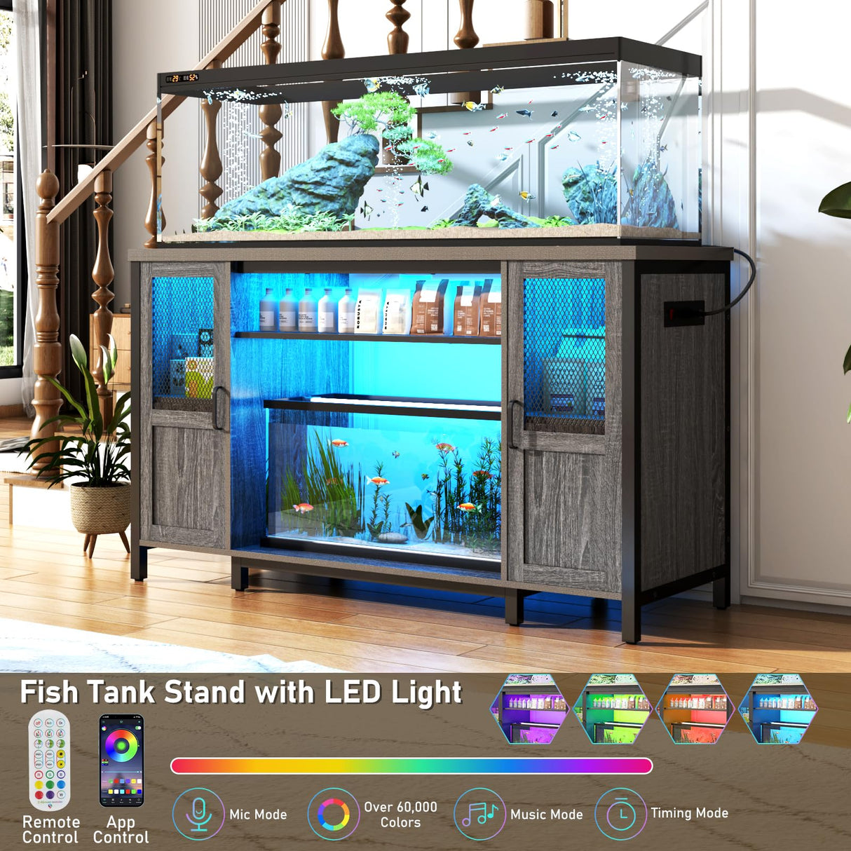 Hlivelood 55-75 Gallon Fish Tank Stand with Power Outlet&LED Lights, Heavy Duty Metal Aquarium Stand for 2 Fish Tank Accessories Storage, Suit for Turtle Tank, Reptile Terrarium, 880lbs Capacity, Grey Hlivelood