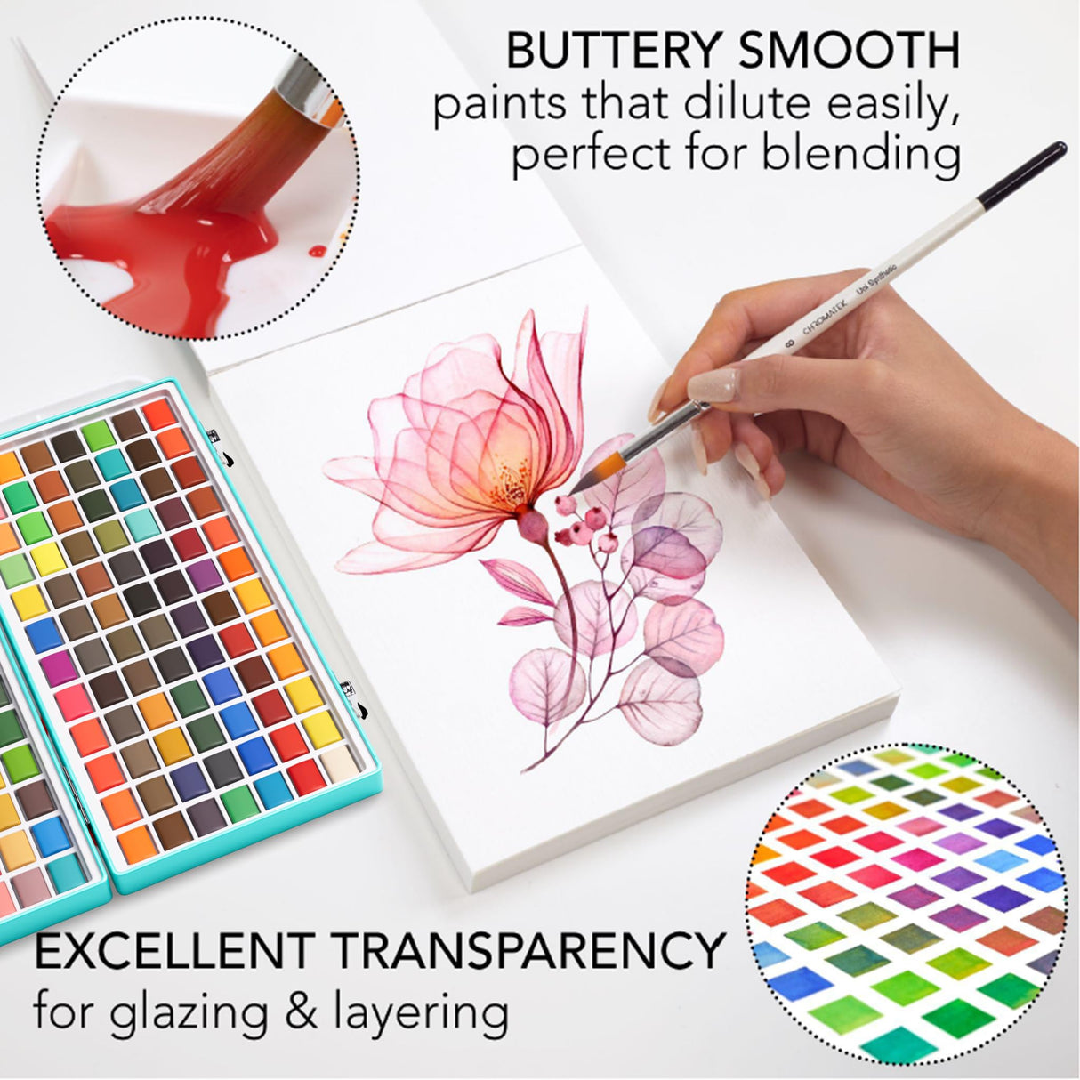 CHROMATEK Watercolor Paint Set, 128 Vivid Colors in Portable Box, With Pad, Brushes and Everything Else you Need to Start Painting, Travel Kit CHROMATEK