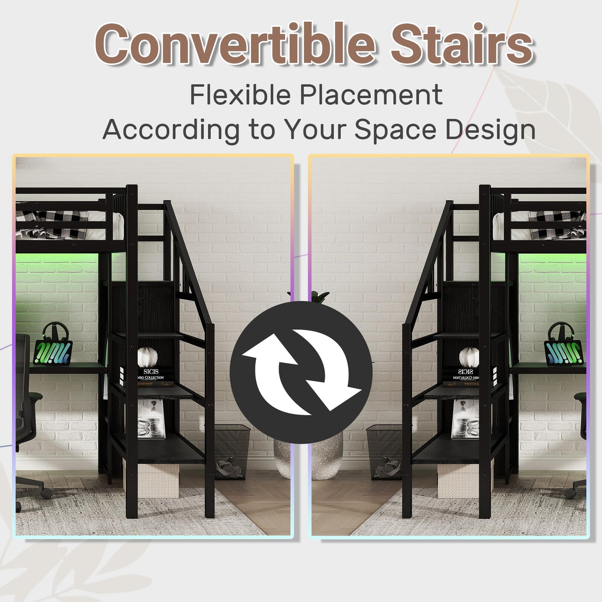 Full Size Loft Bed with Desk and Stairs, Gaming Loft Bed with RGB LED Light and Storage, Heavy-Duty Metal Lofts Beds Frame with Wardrobe, Shelves and Charging Station for Adults Kids Teens, Black Mirightone