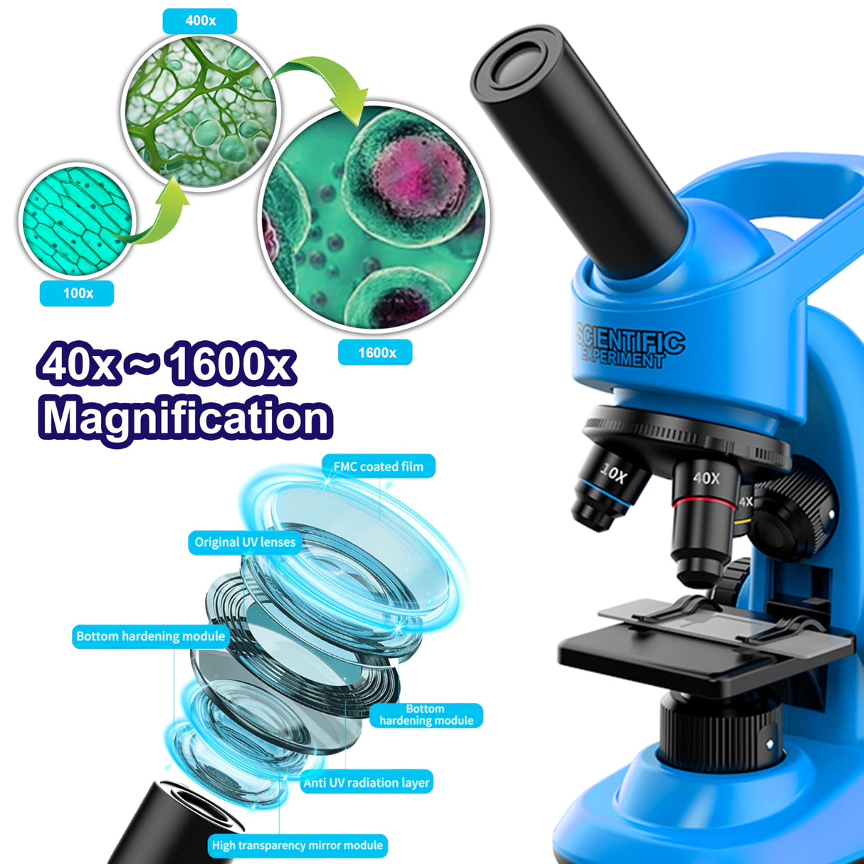 Kids Microscope,40-1600x Microscope Kit for Kids Beginners Children,STEM Kit,Prepared Slides,LED Light and Configured Various Operating Tools- Science Experiment Toy for Kids Ages 6-12 DOUBLE CC