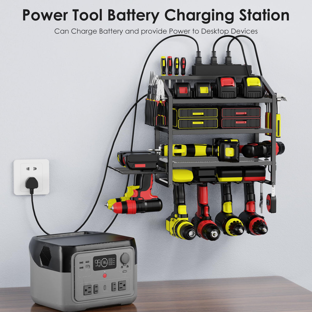 Power Tool Organizer Wall Mount with Charging Station, 4 Layer Storage Rack and Tool Holder for Garage Organization, 6 Drill Holder Wall Mount, 4 Hooks and 6 Outlet Power Strip, Great Men's Gift FULOOPHI