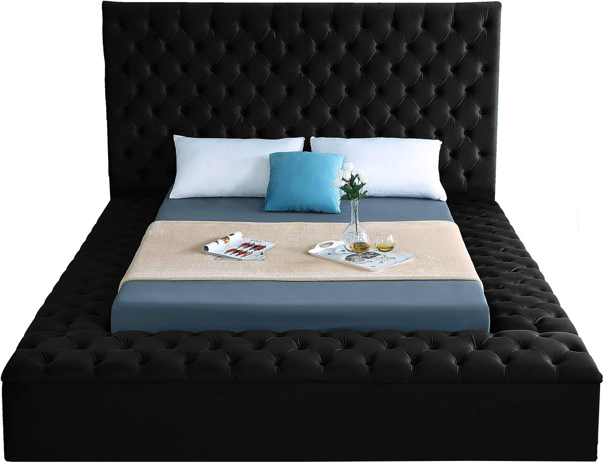 Meridian Furniture Bliss Collection Modern | Contemporary Velvet Upholstered Bed with Deep Button Tufting and Storage Compartments in Rails and Footboard, Black, King Meridian Furniture