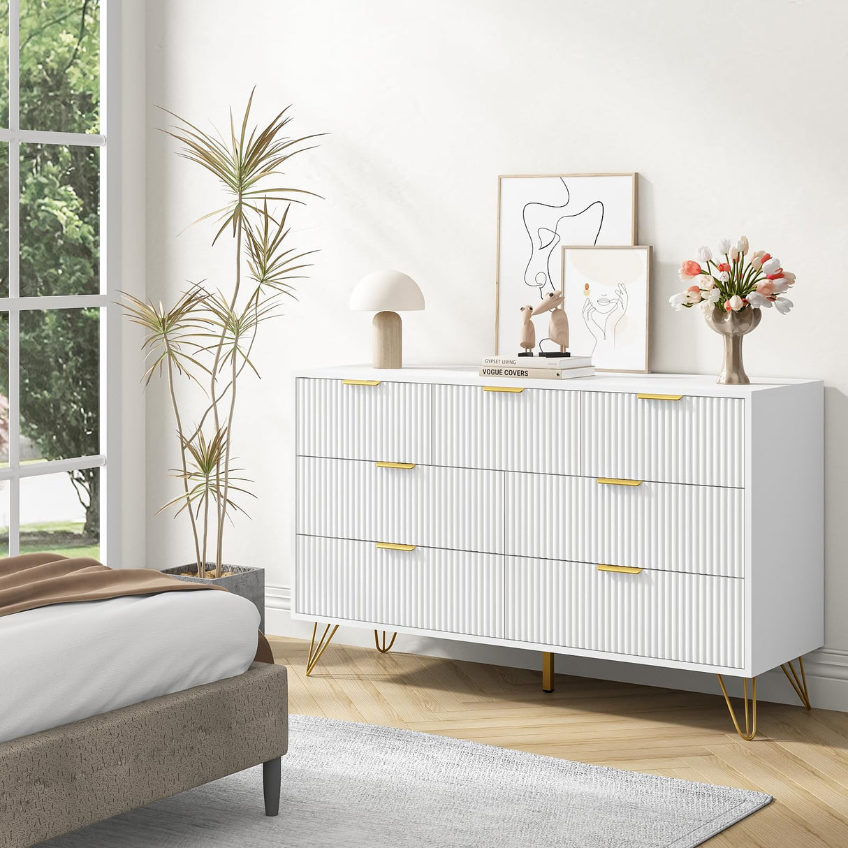 LYNSOM Dresser for Bedroom, Modern 7 Drawer White Dresser with Metal Handles and Wide Drawer, Wood Chest of Drawers for Living Room LYNSOM