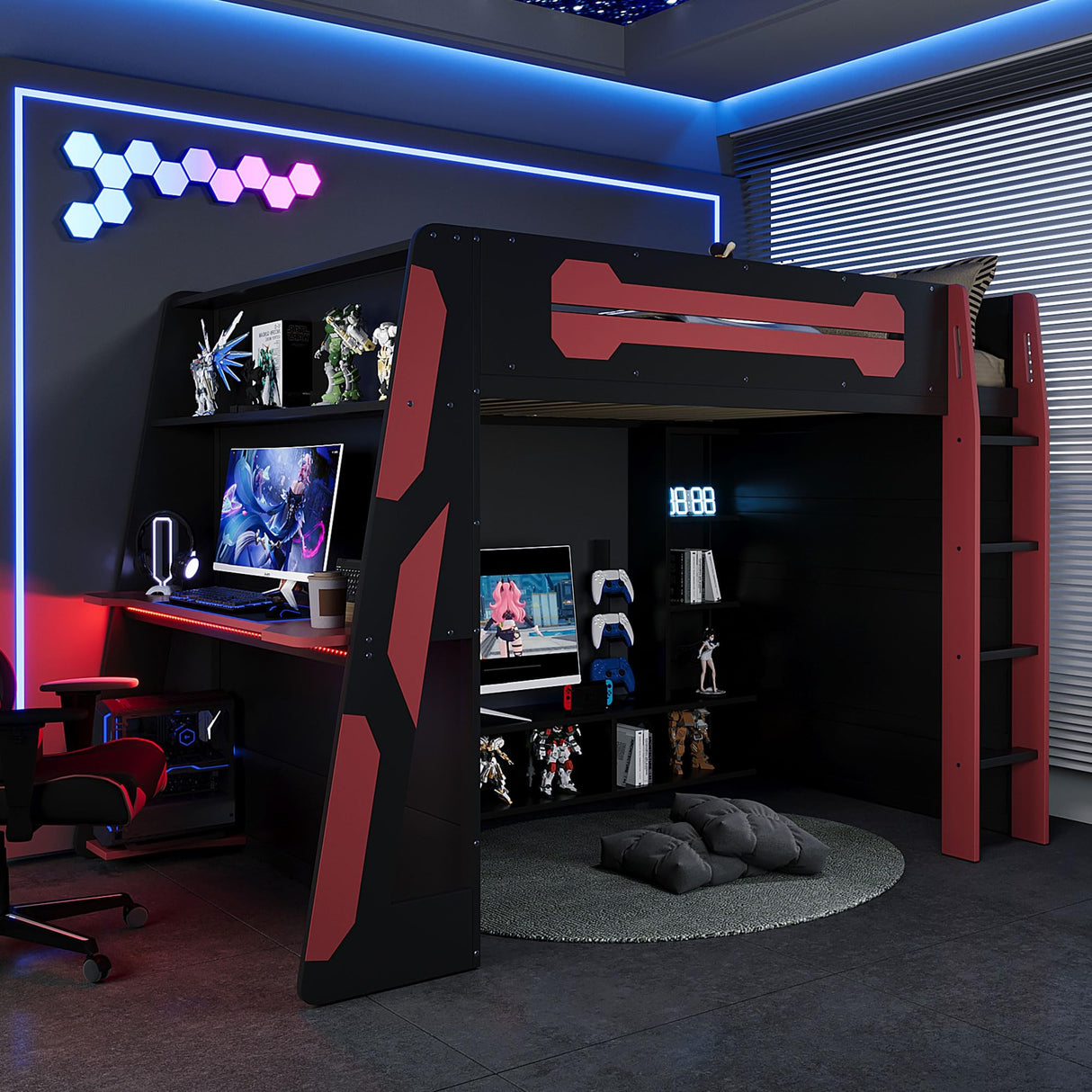 MERITLINE Full Gaming Loft Bed with Desk and Storage Shelves & RGB Light, Gaming Loft Bed Frame for Teens Adults (Red) MERITLINE