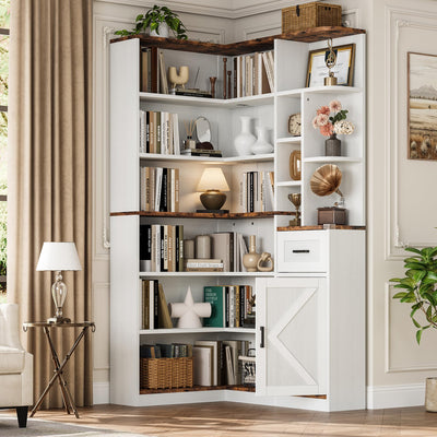 Garvee 74'' Tall Corner Bookshelf - 6-Tier Book Shelf with Drawer and Cabinets, l-Shaped Bookcase Open Storage Shelves Modern Display Shelf for Home, Office