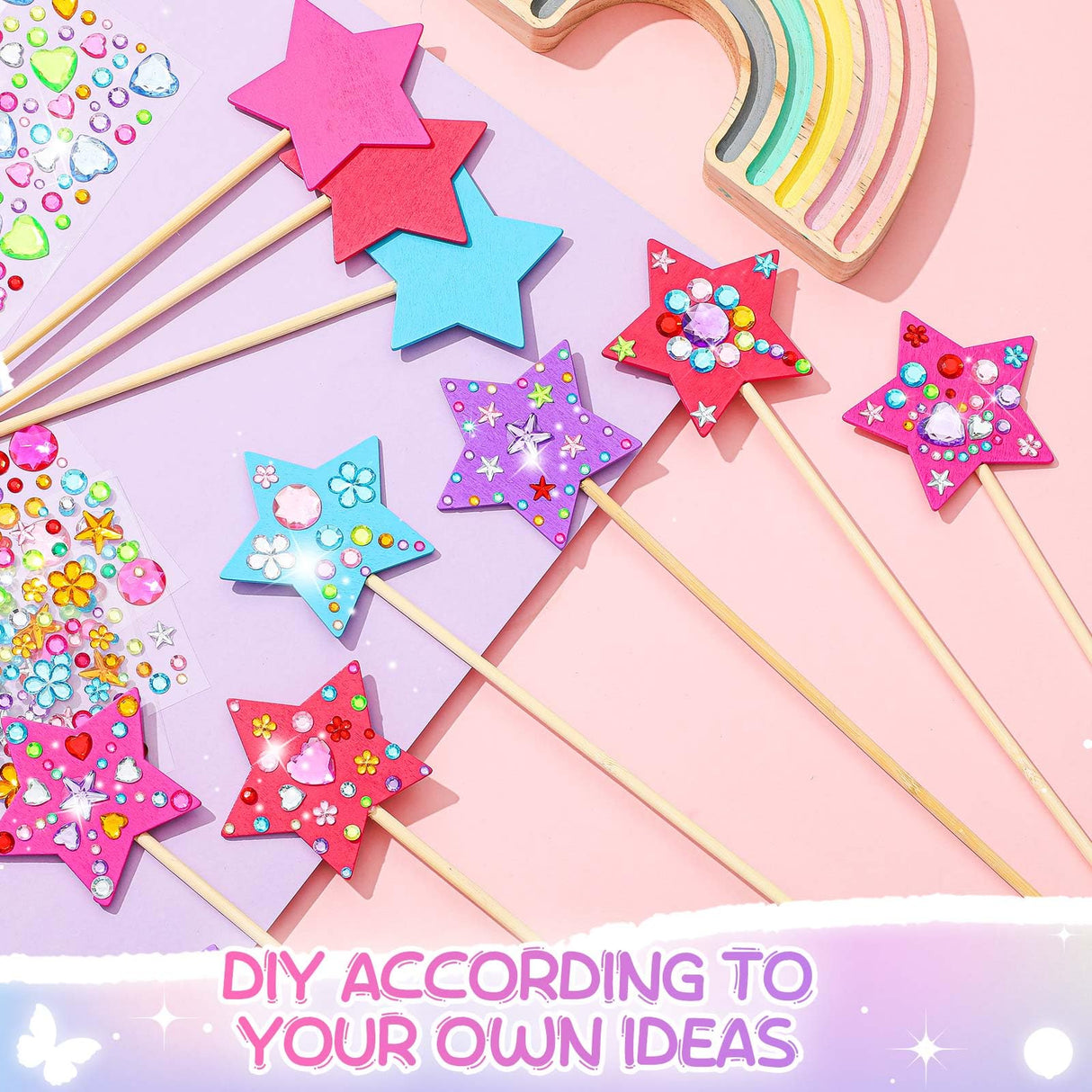Juexica 30 Pcs Princess Fairy Wand Kit Includes 24 Make Your Own Princess Craft Unfinished Wooden Fairy Wand and 6 Gem Stickers for Girls DIY Magical Crafts(Pink,Purple,Red,Blue) Juexica
