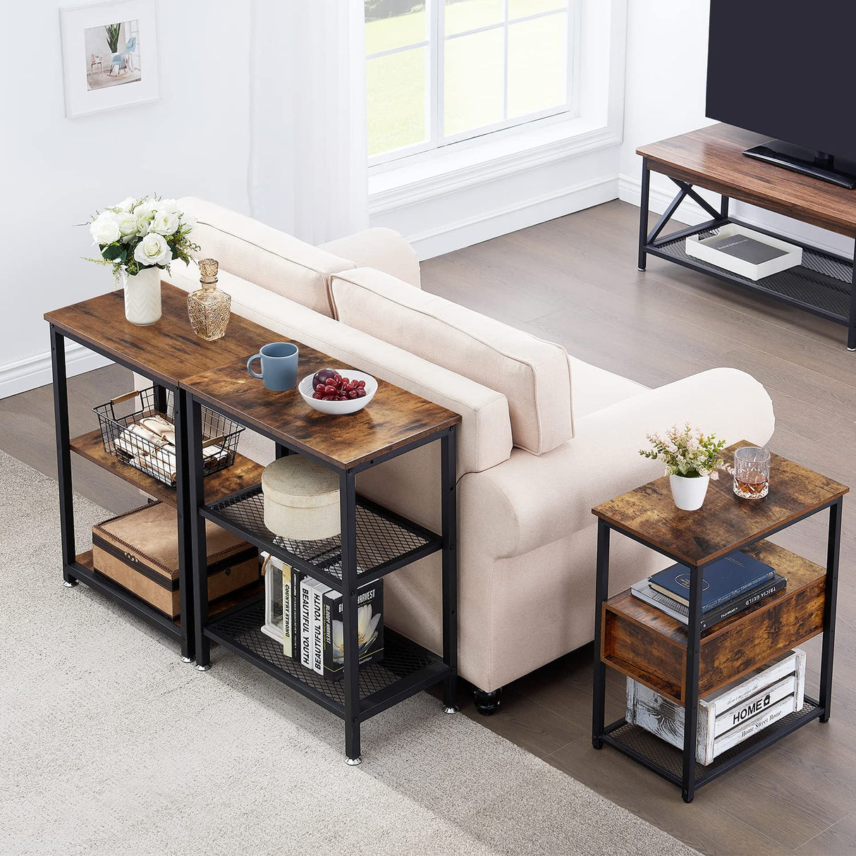 VECELO Tall End Side Table,30" Height Nightstand with 3-Tier Storage Shelf for Living Room Bedroom Office Hallway Study VECELO