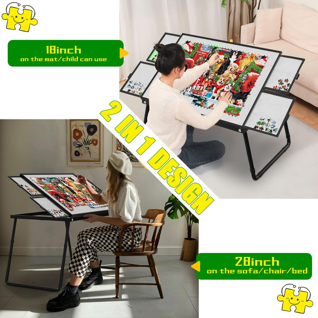 Doerpuz Jigsaw Puzzle Table Adjustable Height-18,28inch,2 in 1 Design Metal Puzzle Table with Legs Aluminium,Puzzle Tables for Adluts and Kids,Foldable Puzzle Table with Drawers,Felt,and Cover Doerpuz