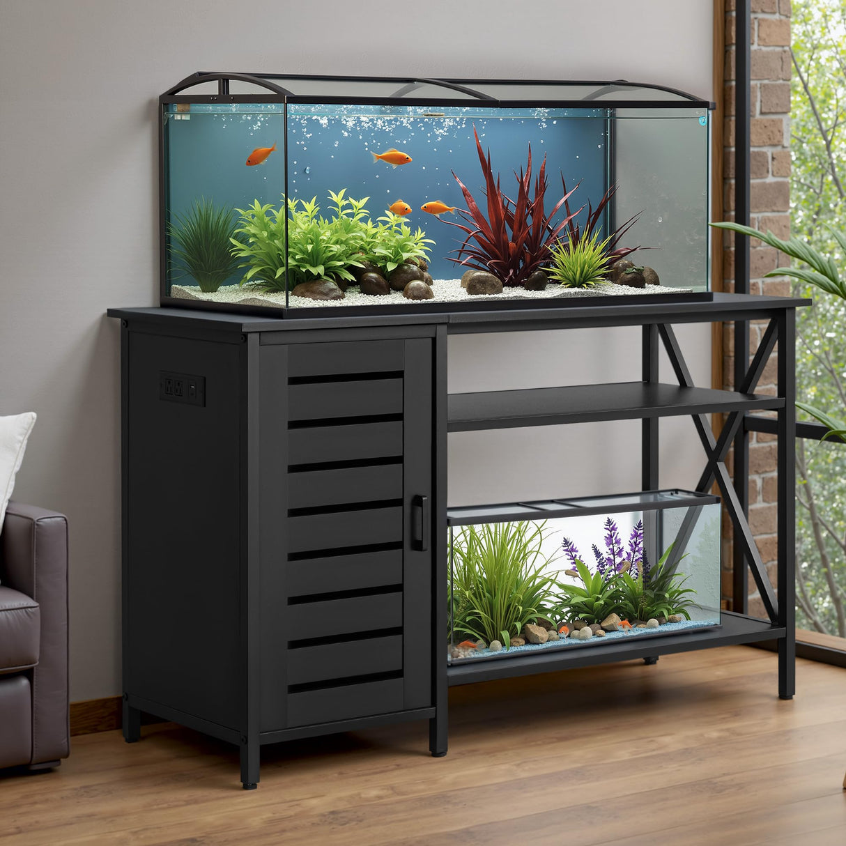 GUNJI 55-75 Gallon Aquarium Stand, Fish Tank Stand with Cabinets and Shelves, Aquarium Tank with Power Outlets, Heavy Duty Metal Turtle Tank 52 inch x 19.68 inch Desktop for 1200LBS Capacity (Black) GUNJI