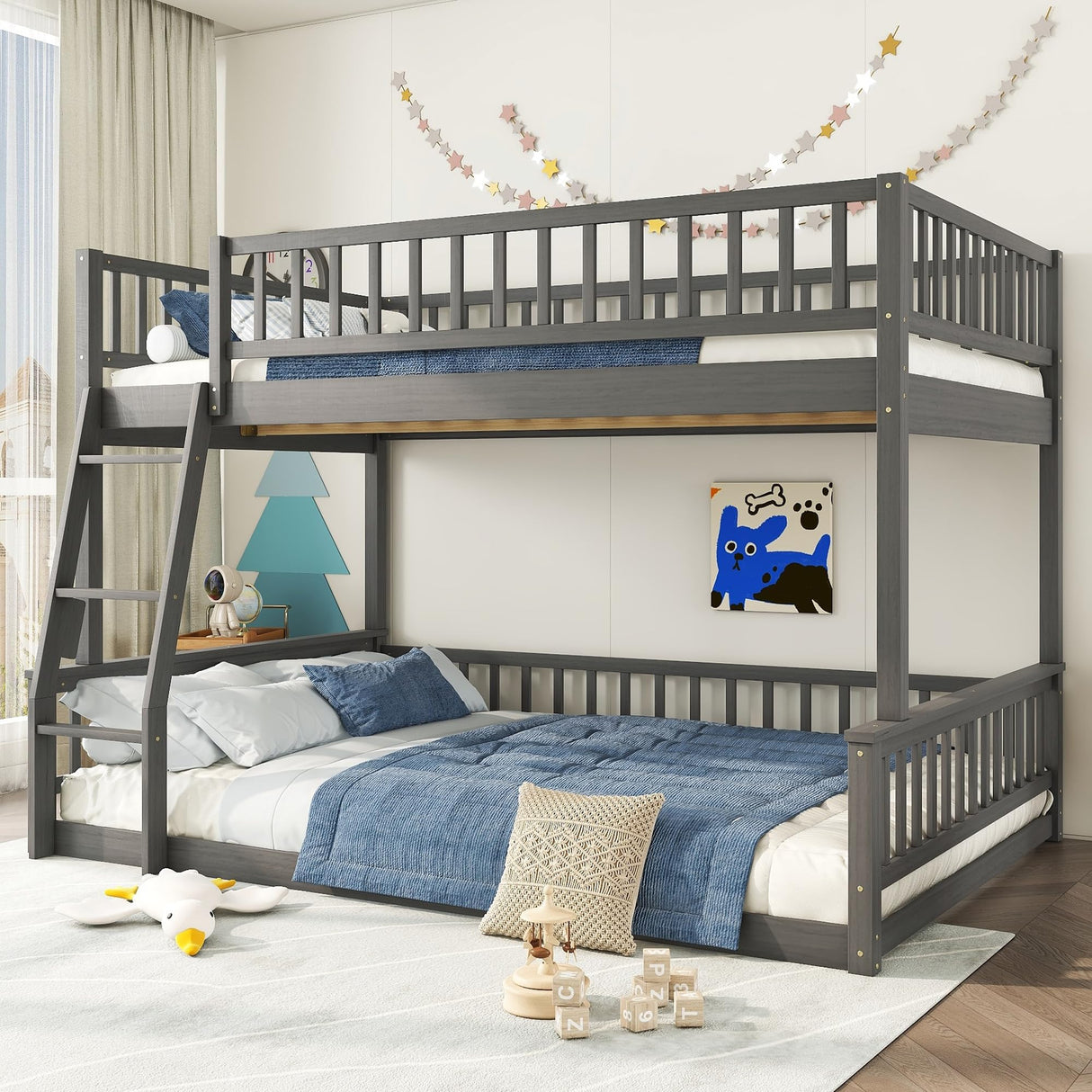 Full XL Over Queen Bunk Bed for Kids/Adults,Queen Size Floor Bunk Beds with Inclined Ladder,Solid Wood Low Bunk Bed,Detachable Bunk Beds for Teens,Girls,Boys(Gray) Bellemave